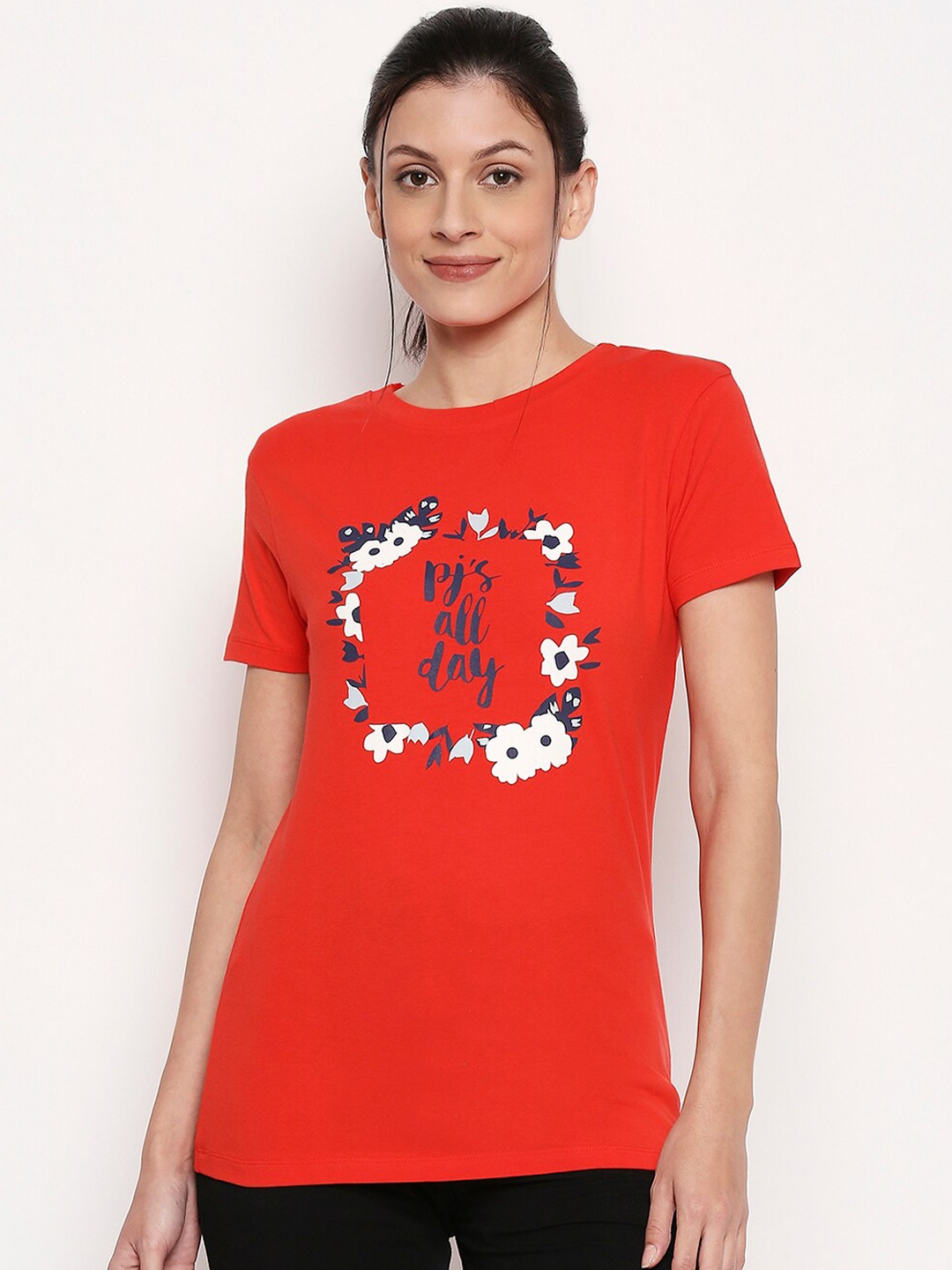 

XIN Women Red Printed Round Neck Lounge T-shirt