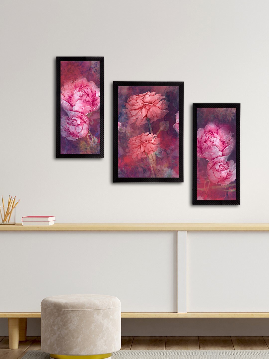 

eCraftIndia Set of 3 Multicoloured Satin Matt Texture Floral UV Wall Art, Multi