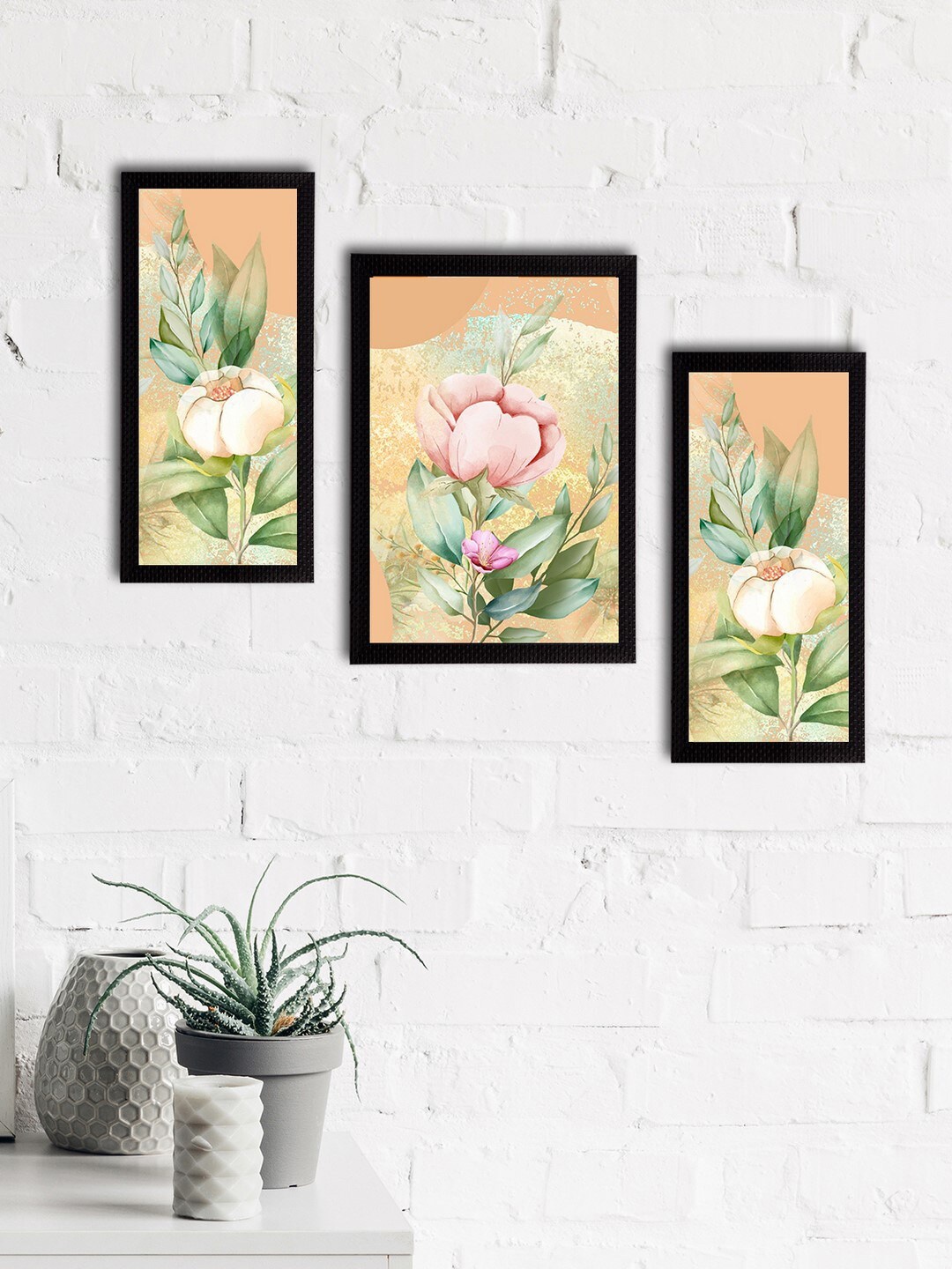 

eCraftIndia Set of 3 Cream-Coloured & Pink Botanical & Floral Satin Matt Textured UV Wall Paintings