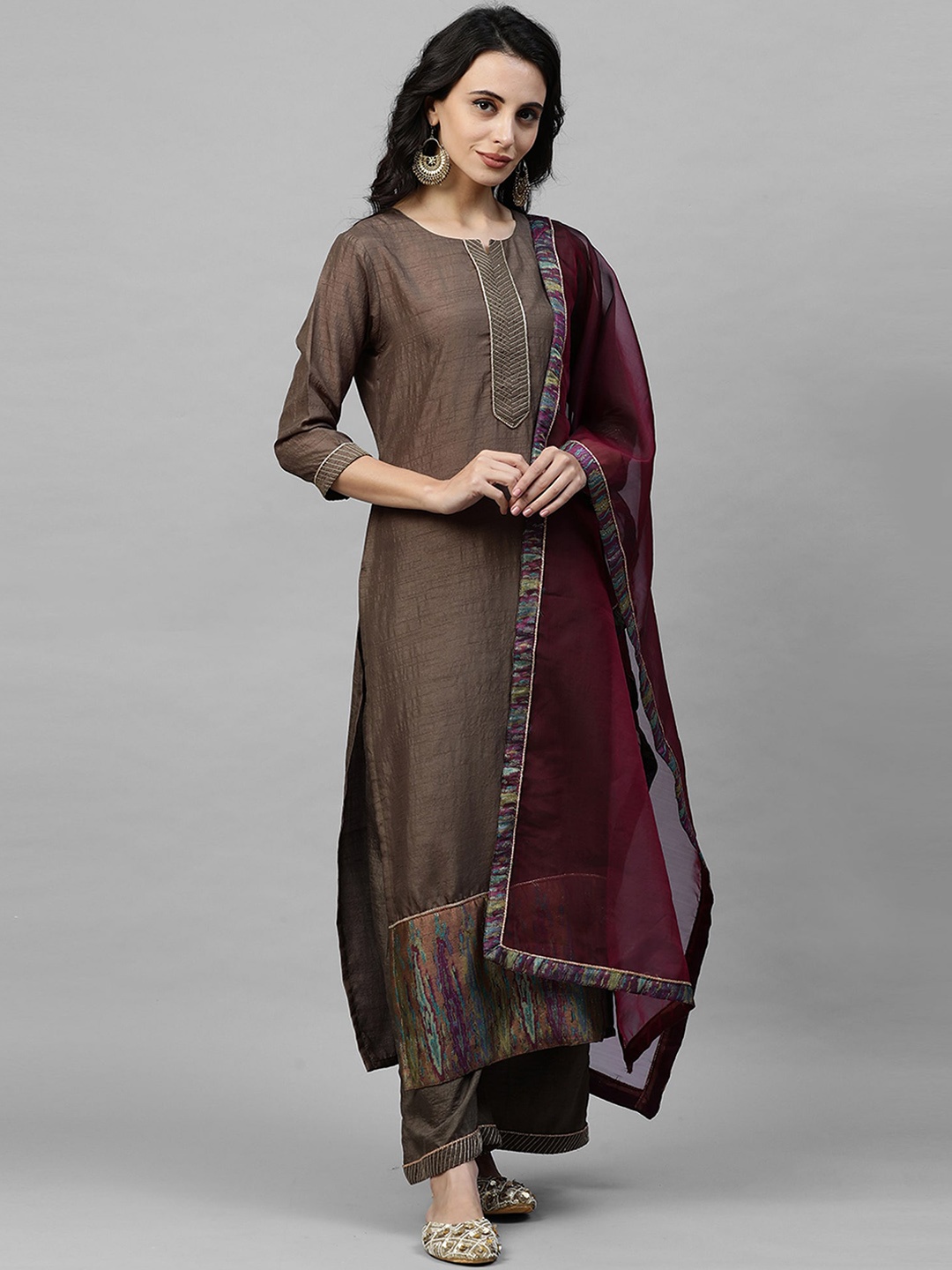 

Indo Era Women Olive Brown Yoke Design Kurta with Palazzos & Dupatta