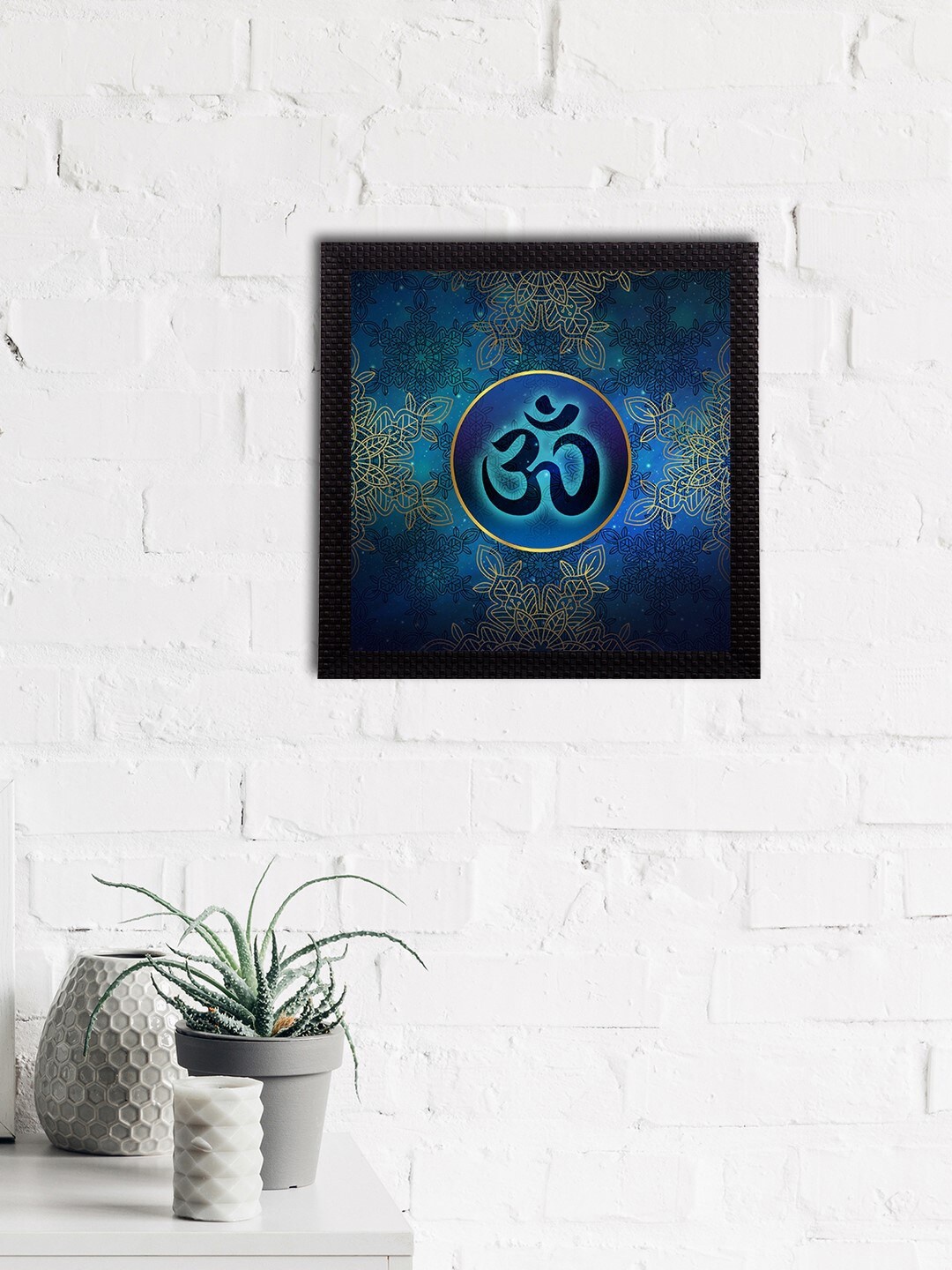 eCraftIndia Blue & Gold-Toned Om Symbol Satin Matt Textured UV Wall Art