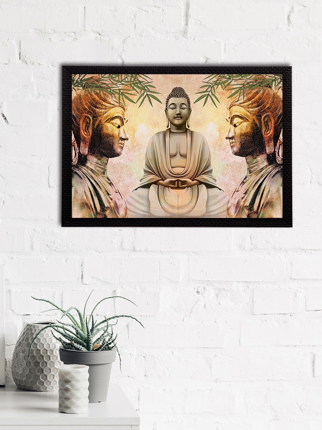 eCraftIndia Beige & Grey Meditating Lord Buddha Satin Matt Texture UV Wall Art