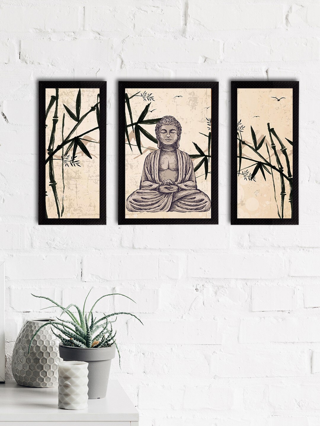 

eCraftIndia Set of 3 Beige & Grey Meditating Lord Buddha Satin Matt Textured UV Art Paintings