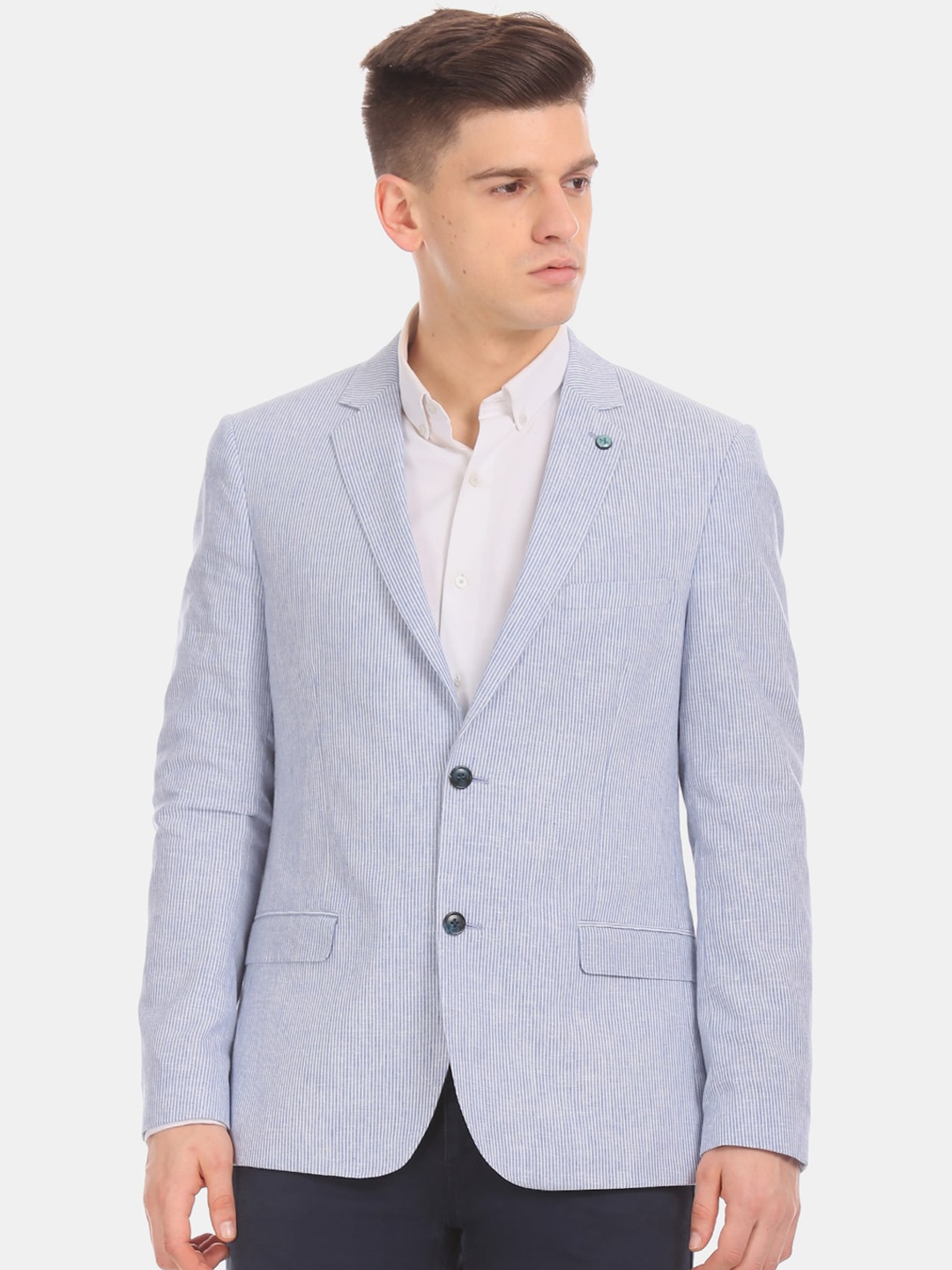 

Arrow Men Blue & White Striped Single-Breasted Formal Blazer