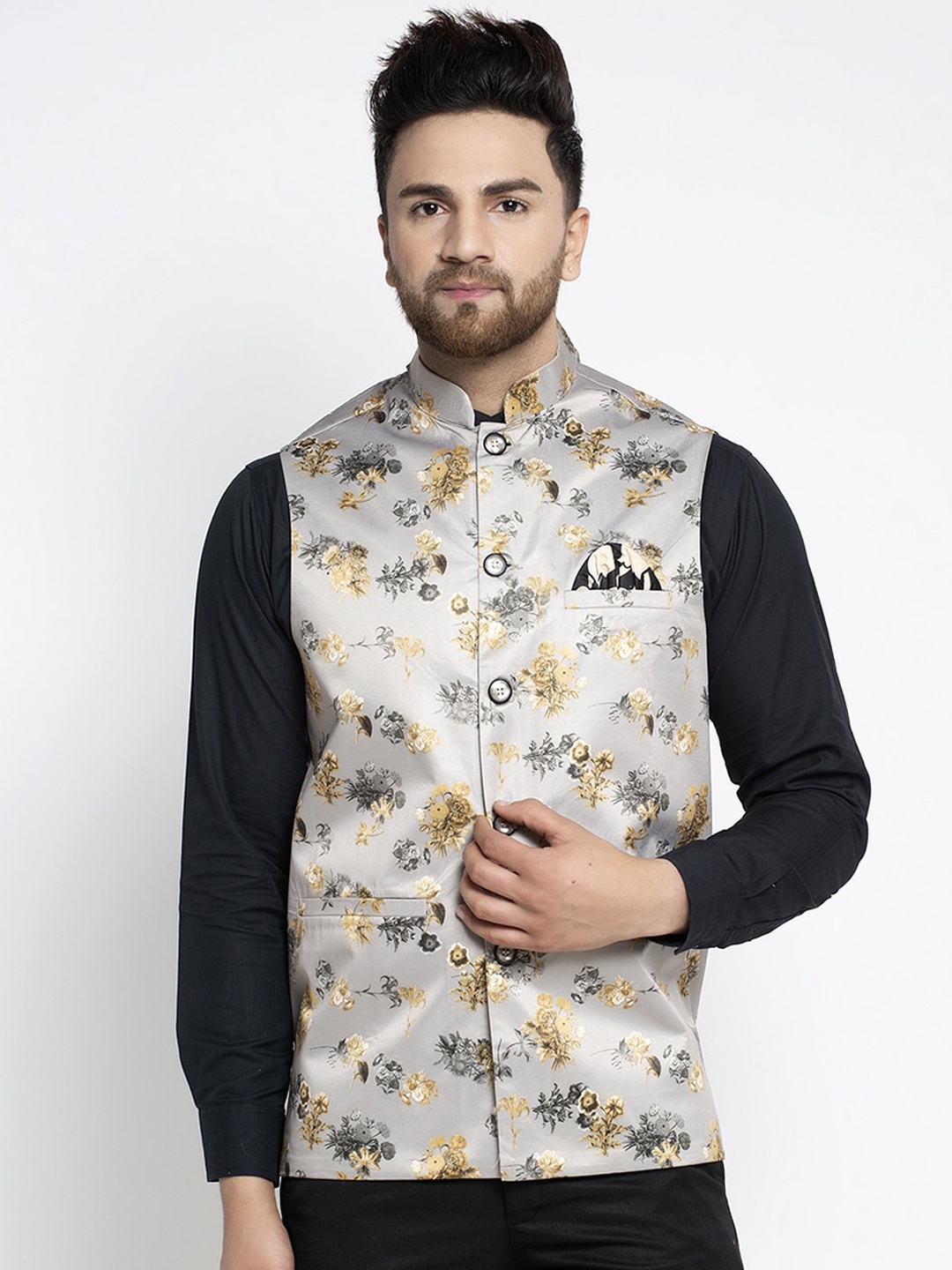 

Jompers Men Grey & Beige Floral Printed Nehru Jacket