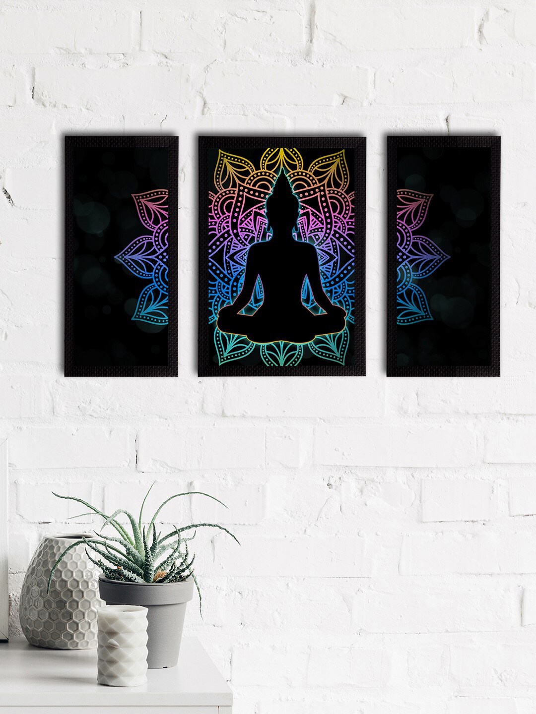 

eCraftIndia Set of 3 Black & Blue Meditating Lord Buddha Satin Matt Textured UV Wall Paintings