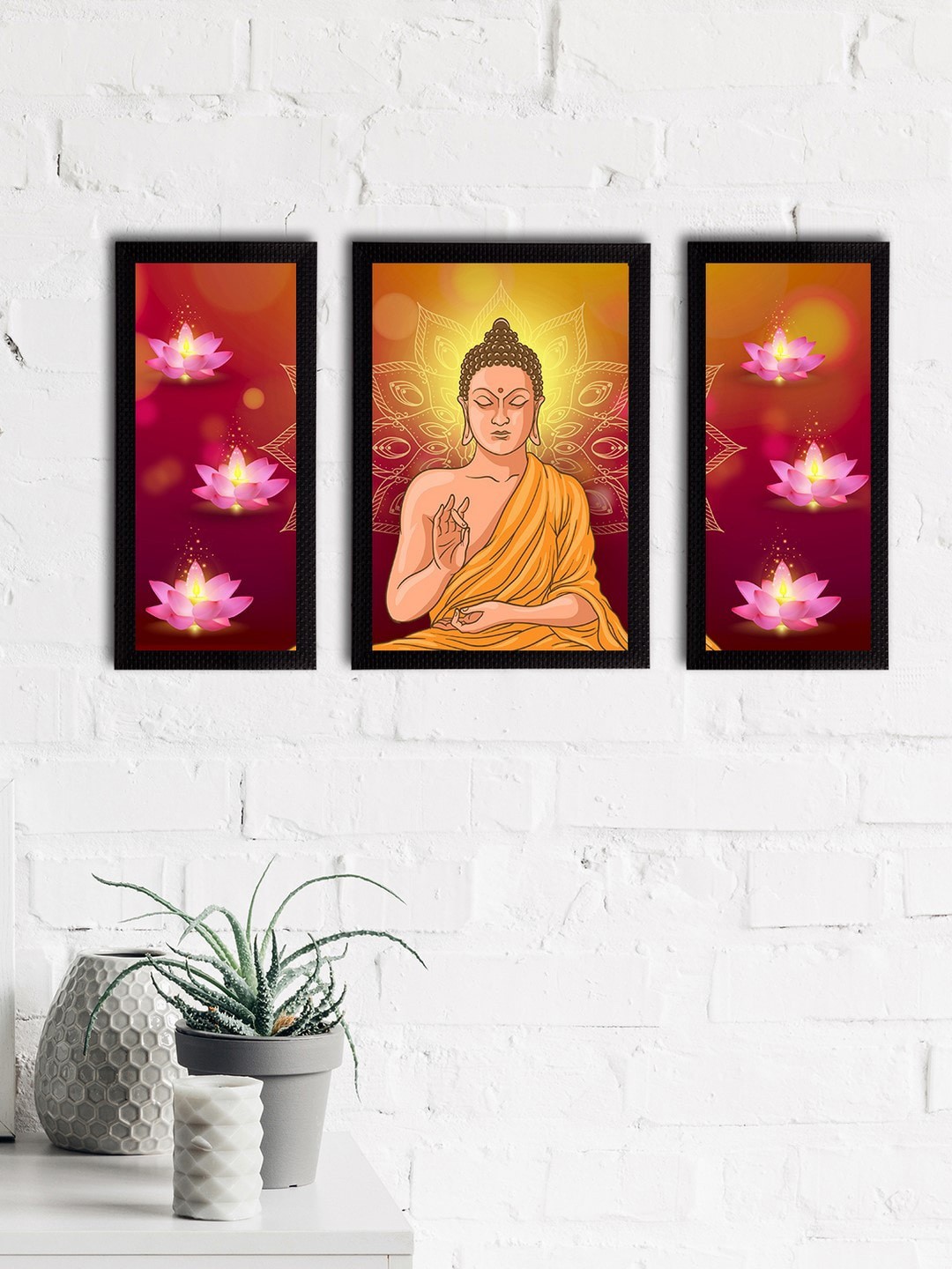 

eCraftIndia Set Of 3 Pink & Yellow Meditating Lord Buddha Satin Matt Textured UV Art Painting
