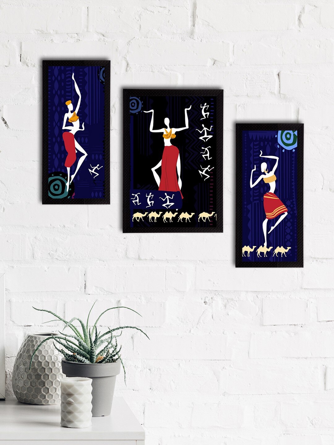 eCraftIndia Set Of 3 Blue & Red Tribal Theme Wall Paintings