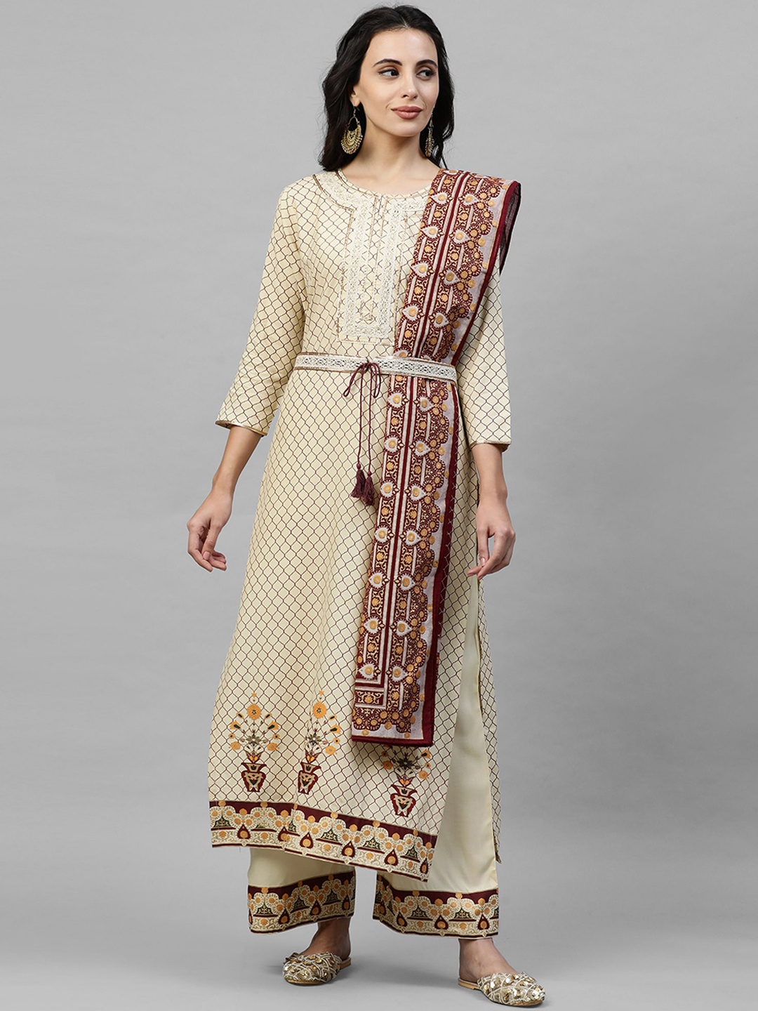 

Indo Era Women Off-White & Maroon Printed Kurta with Palazzos & Dupatta