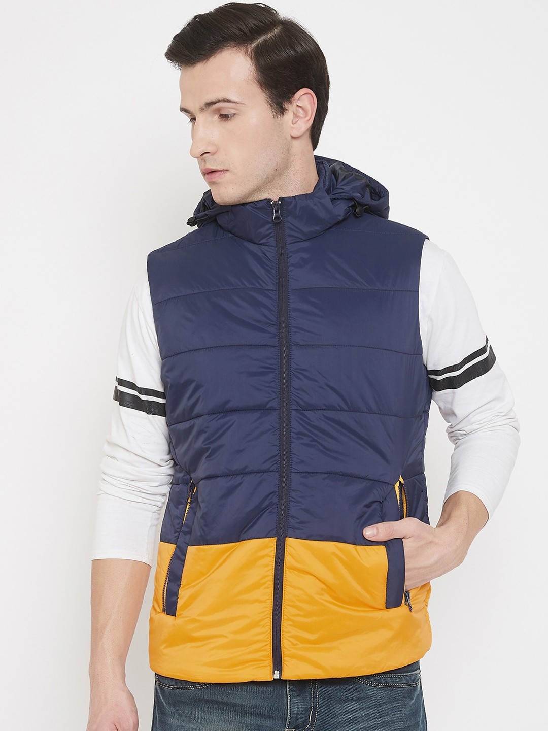 

Octave Men Blue ans Yellow Colourblocked Lightweight Quilted Jacket