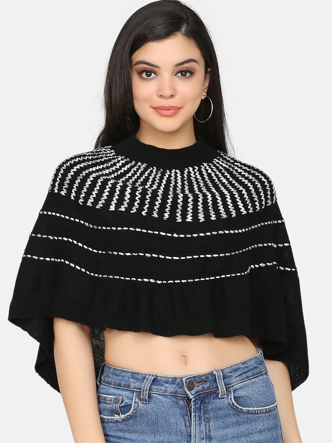 

Saanjh Women Black & White Self-Design Cropped Poncho