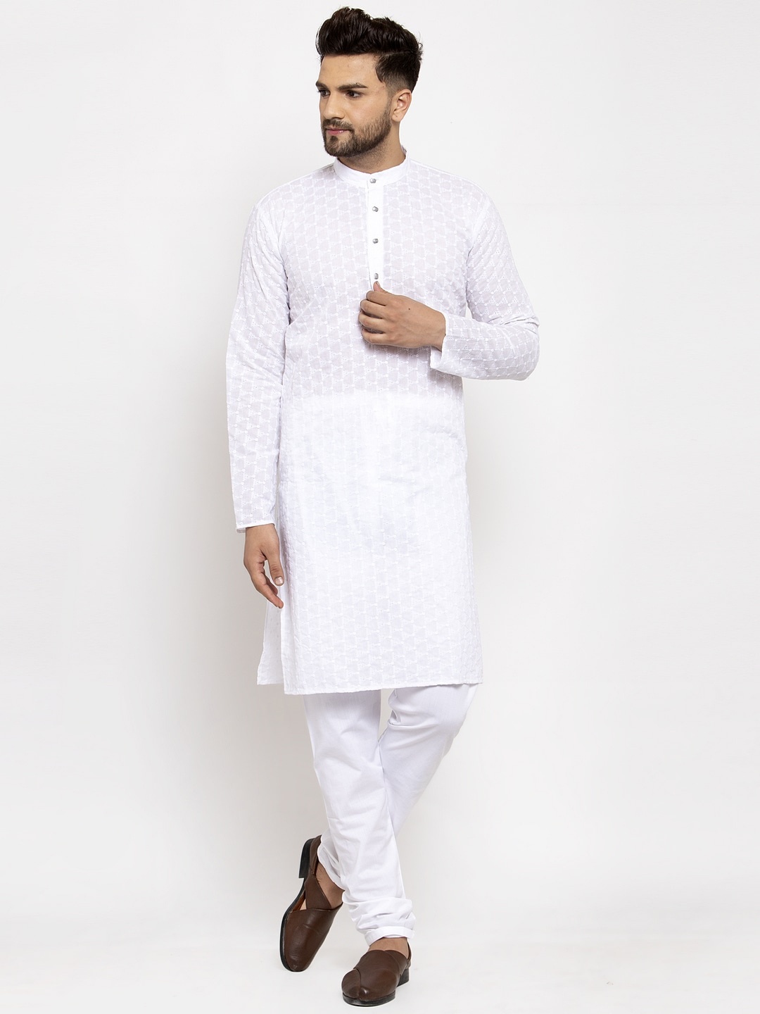 Jompers Men White Self Design Kurta with Churidar