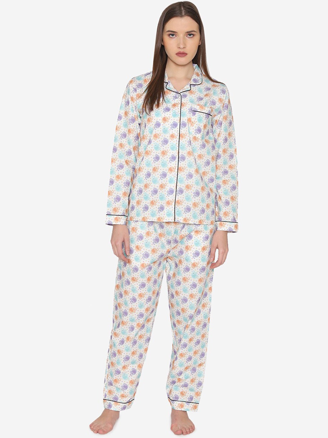

Fluffalump Women White & Purple Printed Night suit