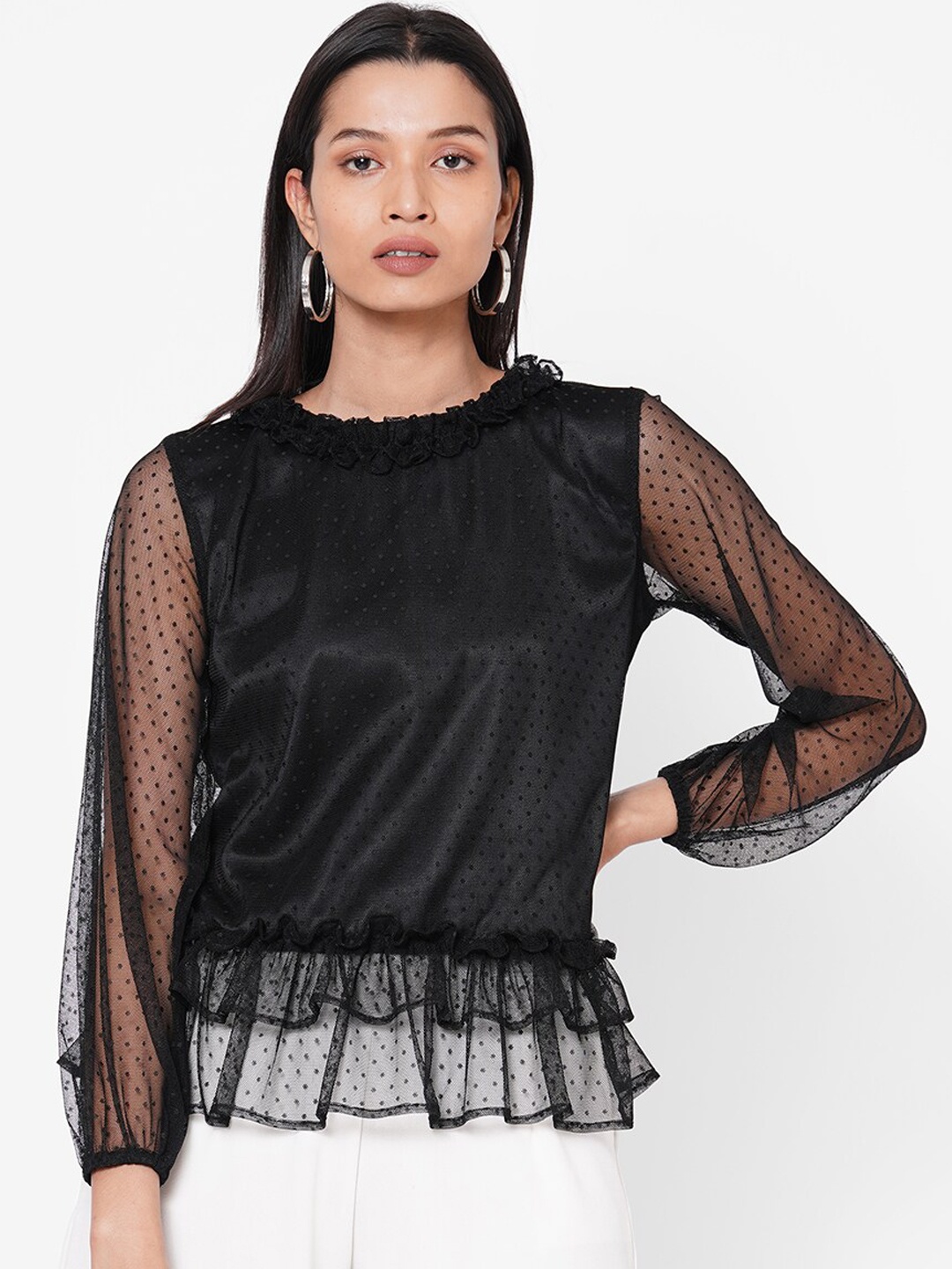 

MISH Women Black Self Design Peplum Top