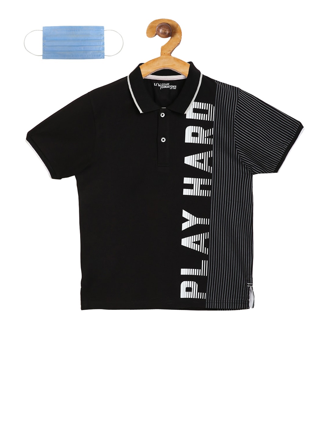 

Lil Tomatoes Boys Black Printed Polo Collar Pure Cotton T-shirt