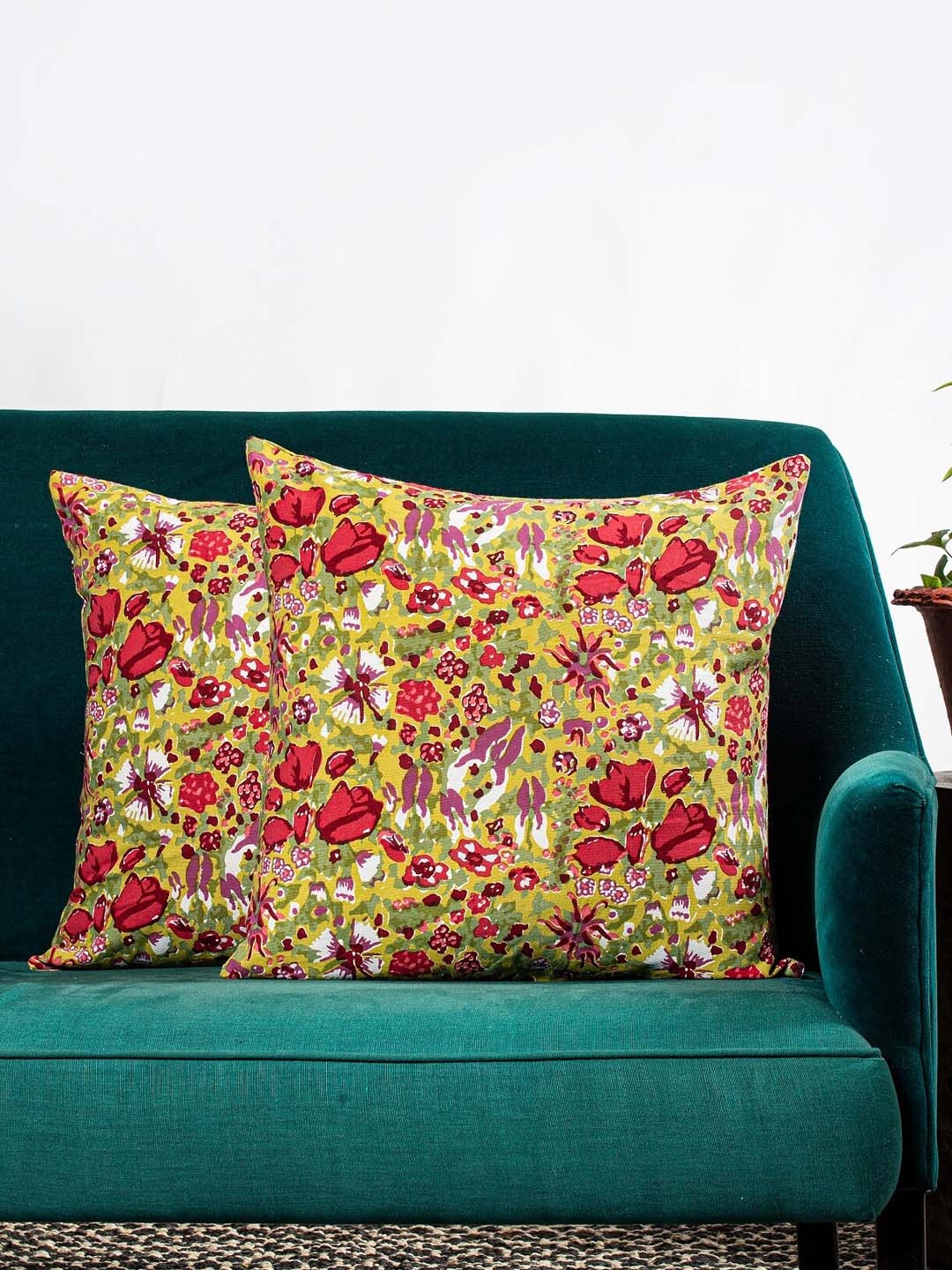 

Contrast Living Set Of 2 Green & Red Floral Printed Square Cushion Covers