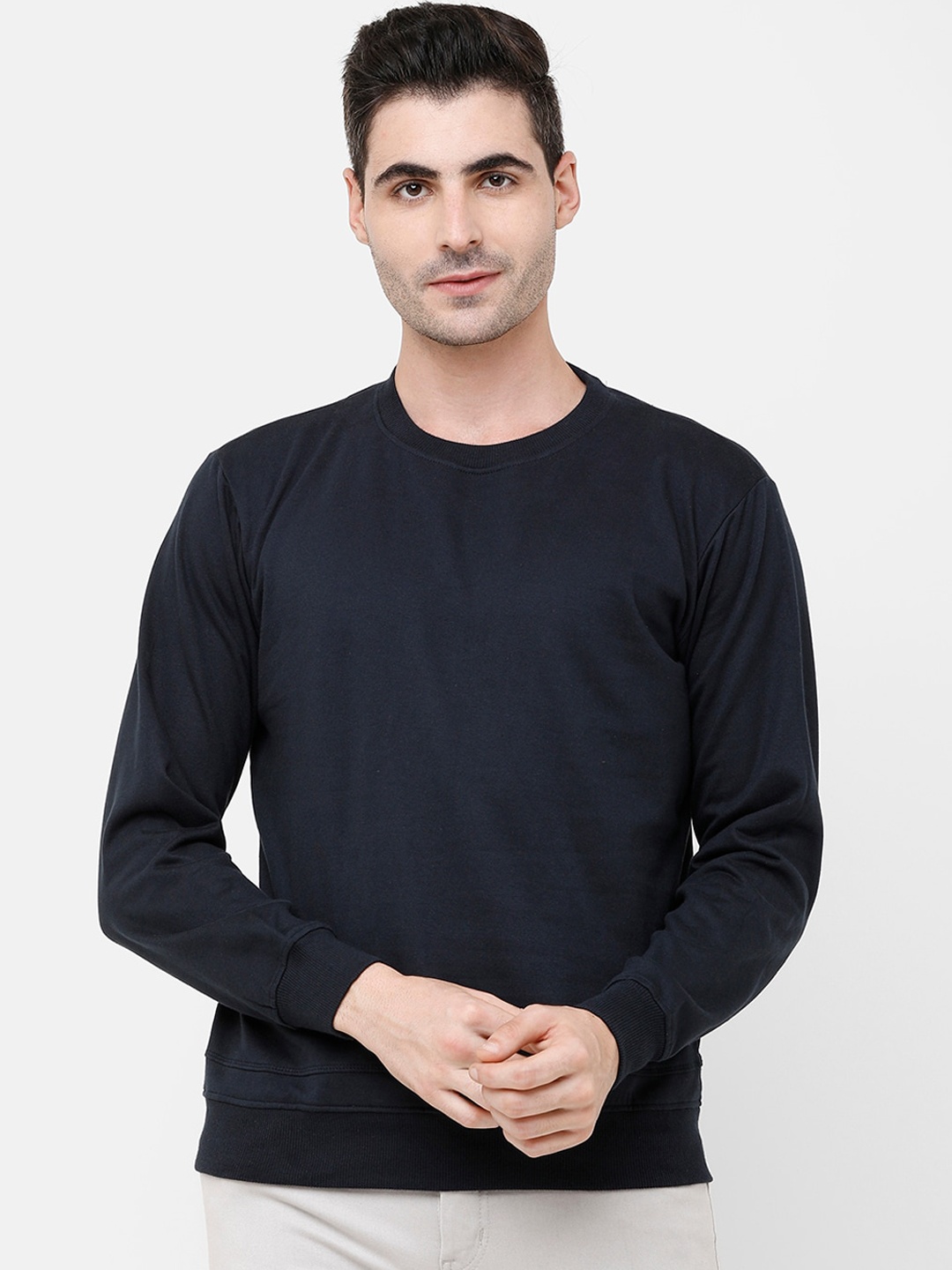 

MADSTO Men Navy Blue Solid Sweatshirt