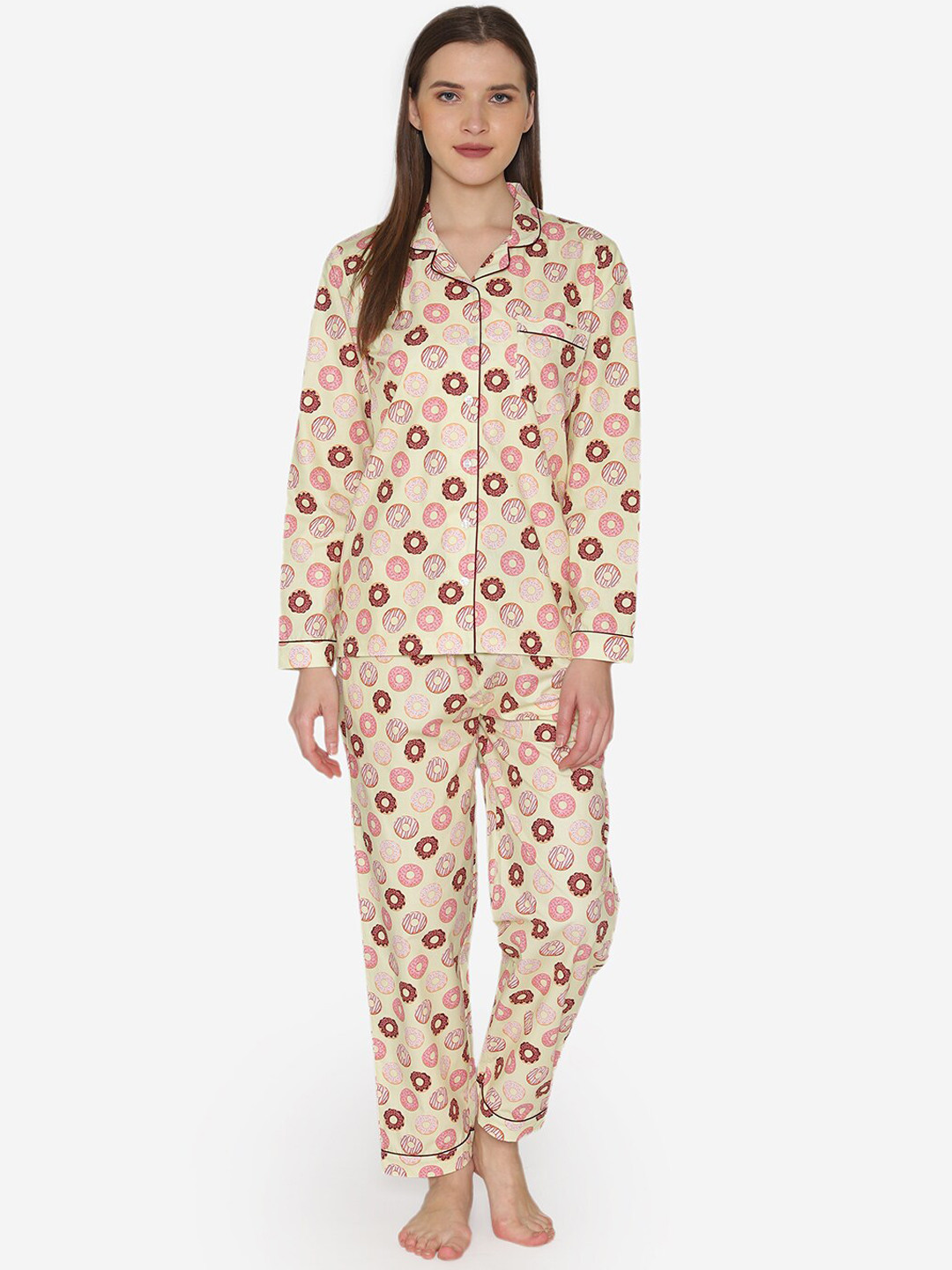 

Fluffalump Women Cream-Coloured & Pink Printed Night suit