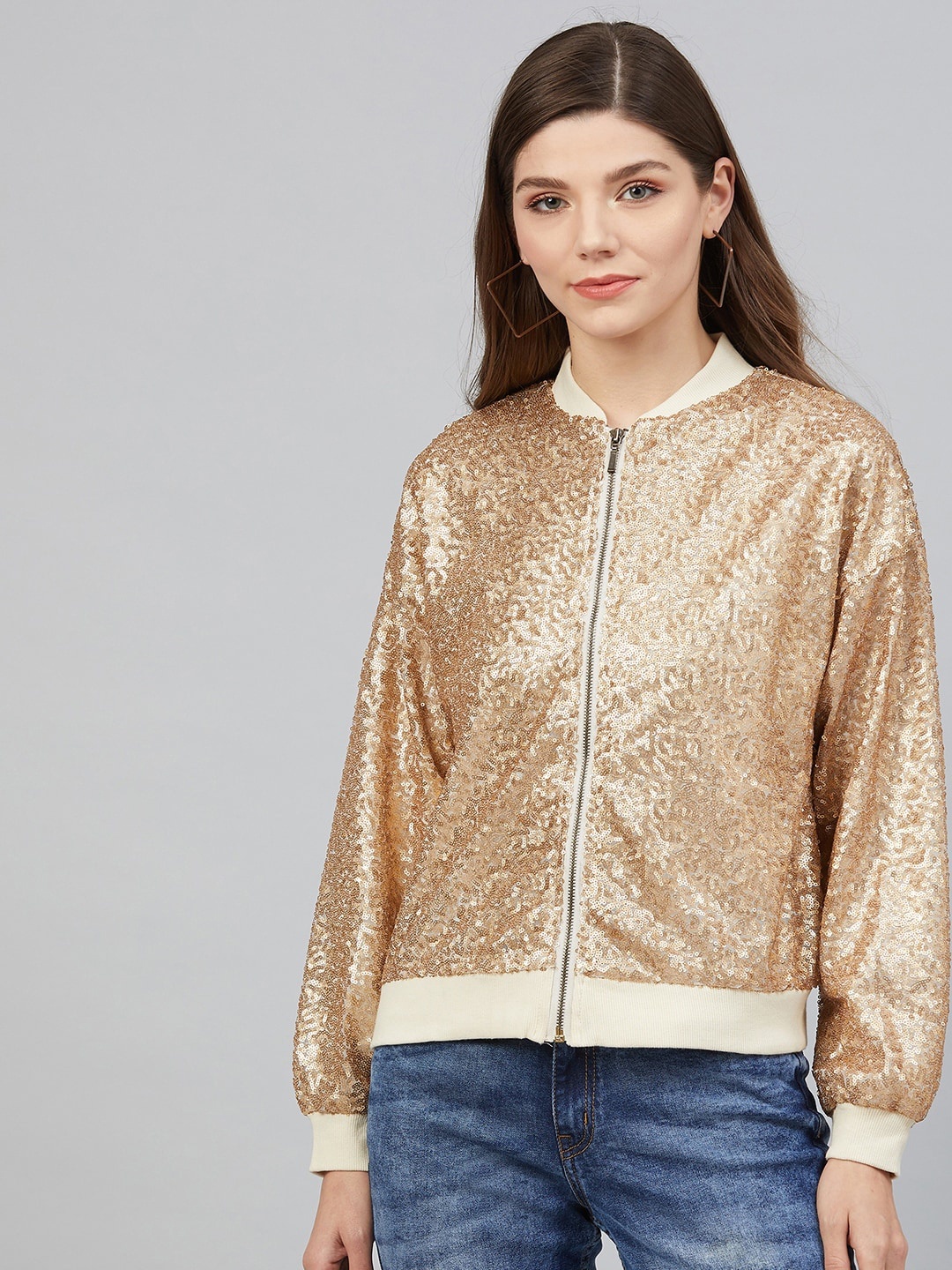 Carlton London Women Beige Self Design Bomber