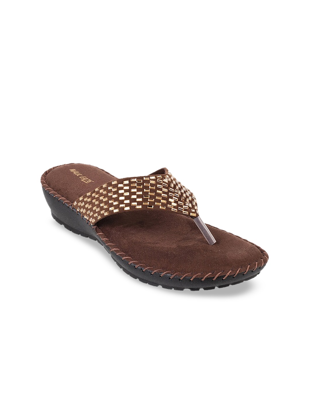 

WALKWAY by Metro Women Brown & Gold-Toned Embellished Comfort Heels
