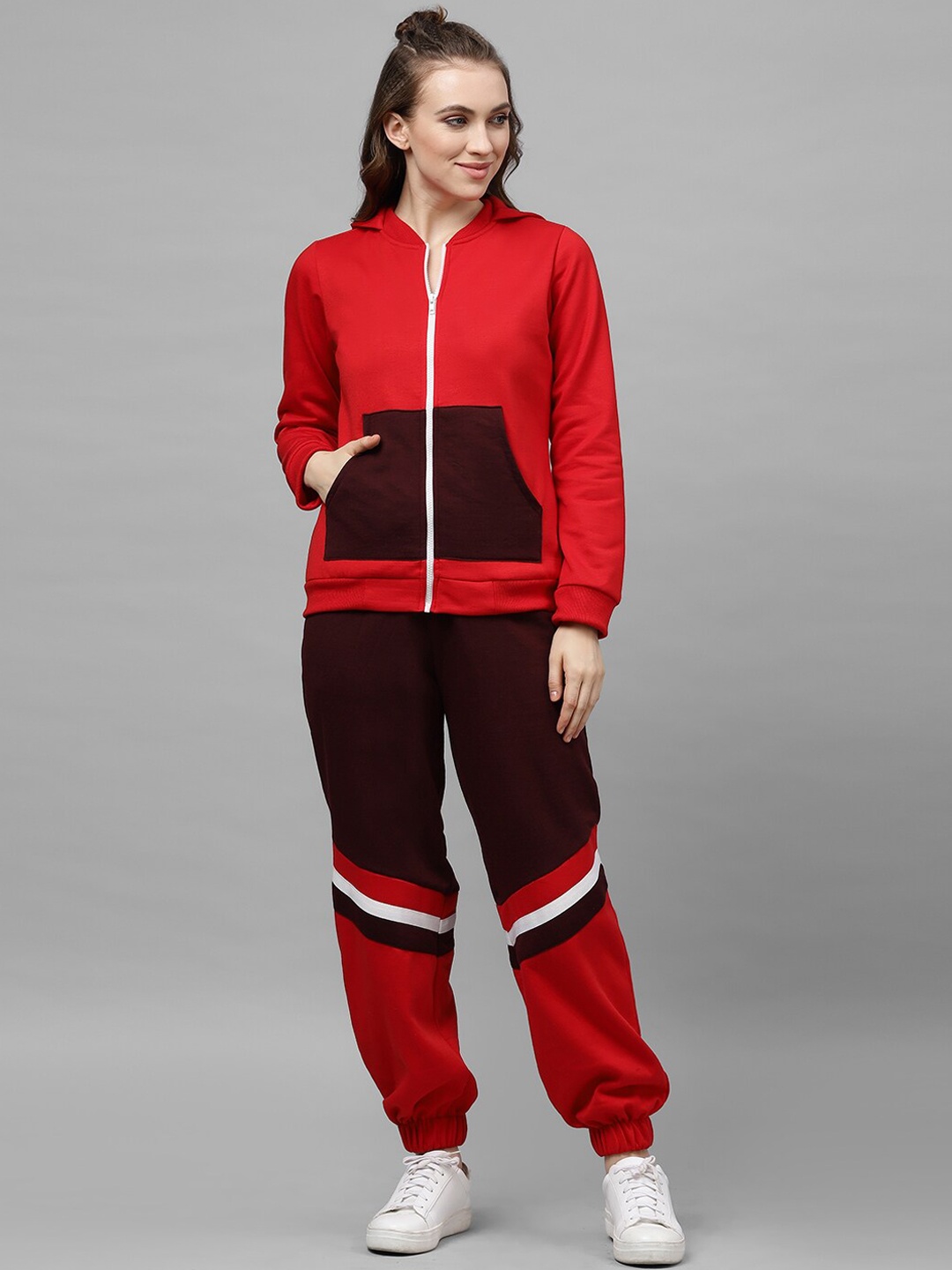 

Athena Women Red & Burgundy Solid Hooded Sweatshirt & Colourblocked Joggers