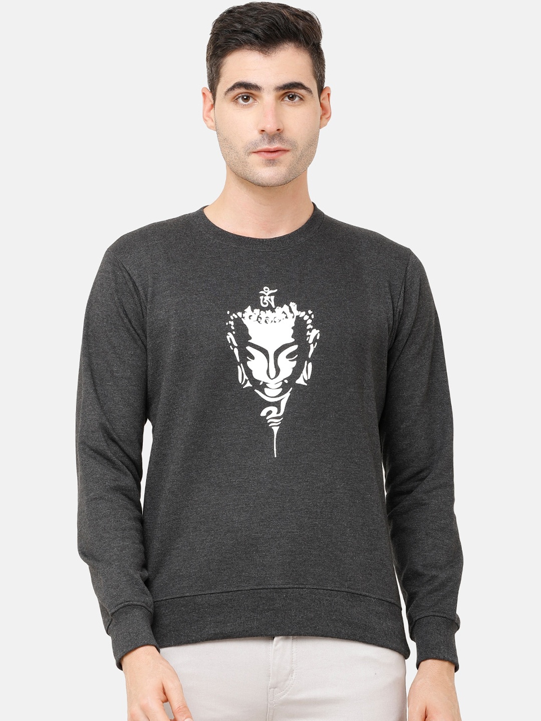 

MADSTO Men Charcoal Grey Printed Sweatshirt