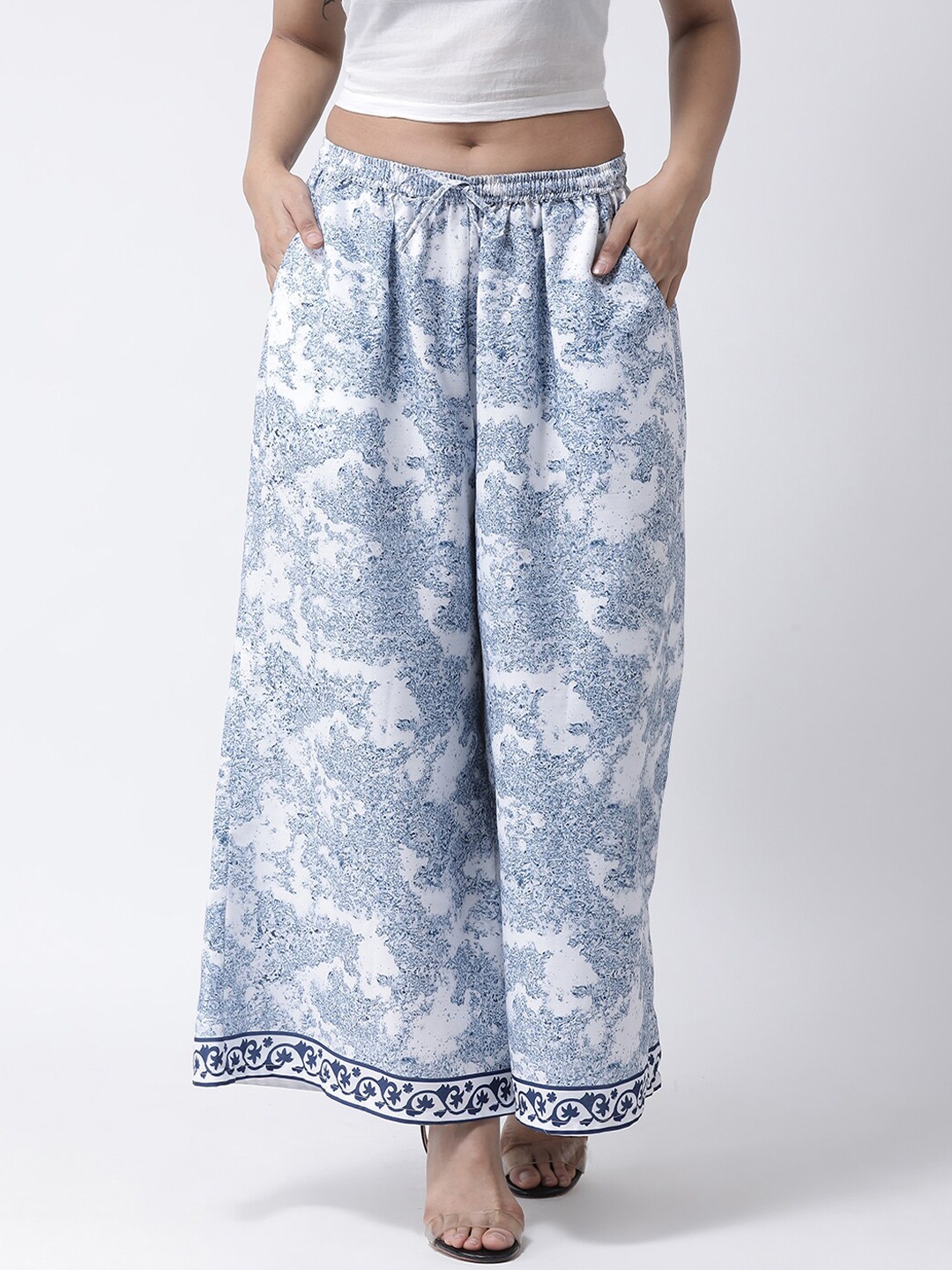 

Hangup Women Blue & White Printed UV Protected Anti-Bacterial Wide Leg Palazzos