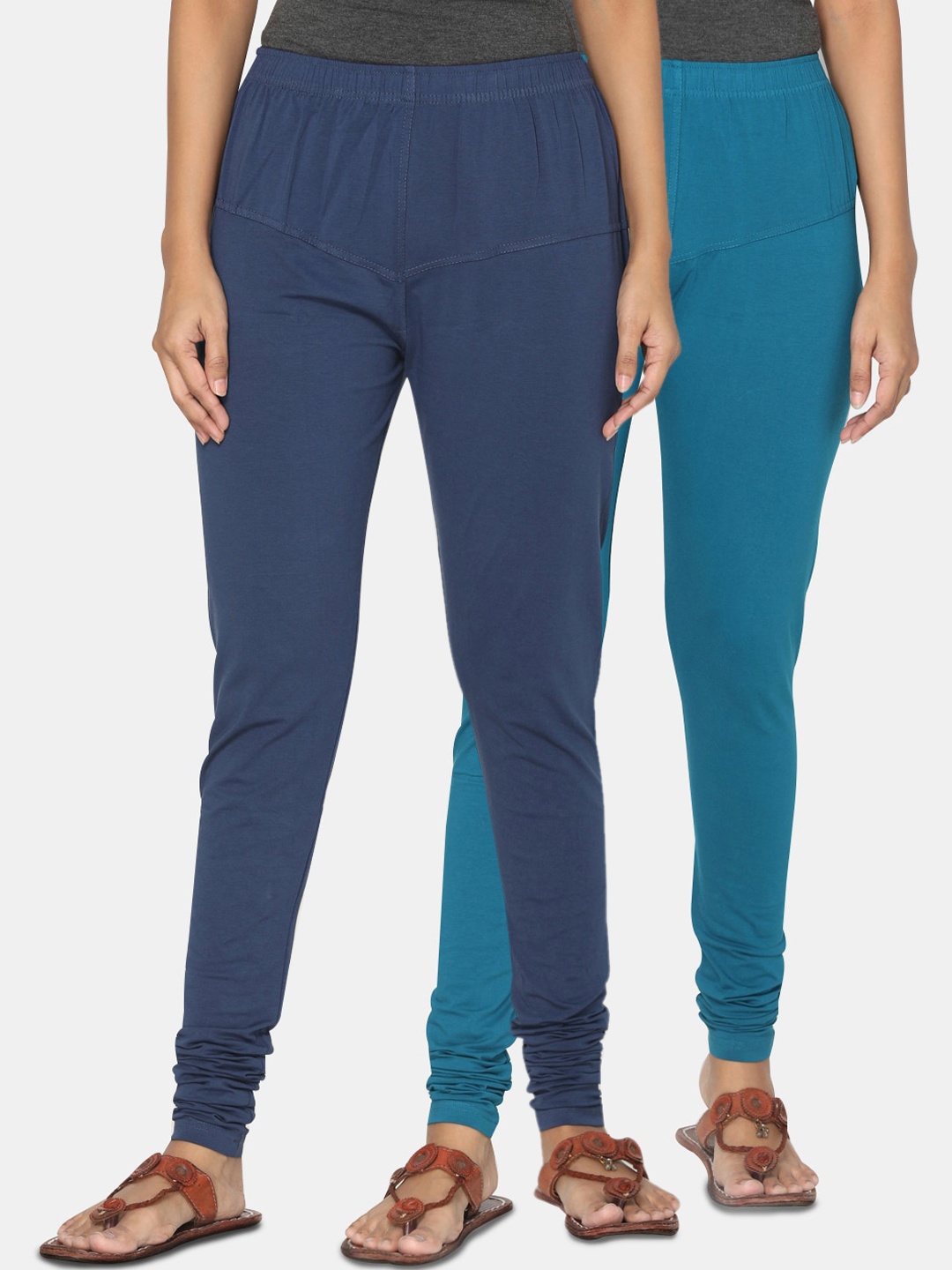 

TSG Bliss Women Pack of 2 Solid Churidar-Length Leggings, Teal