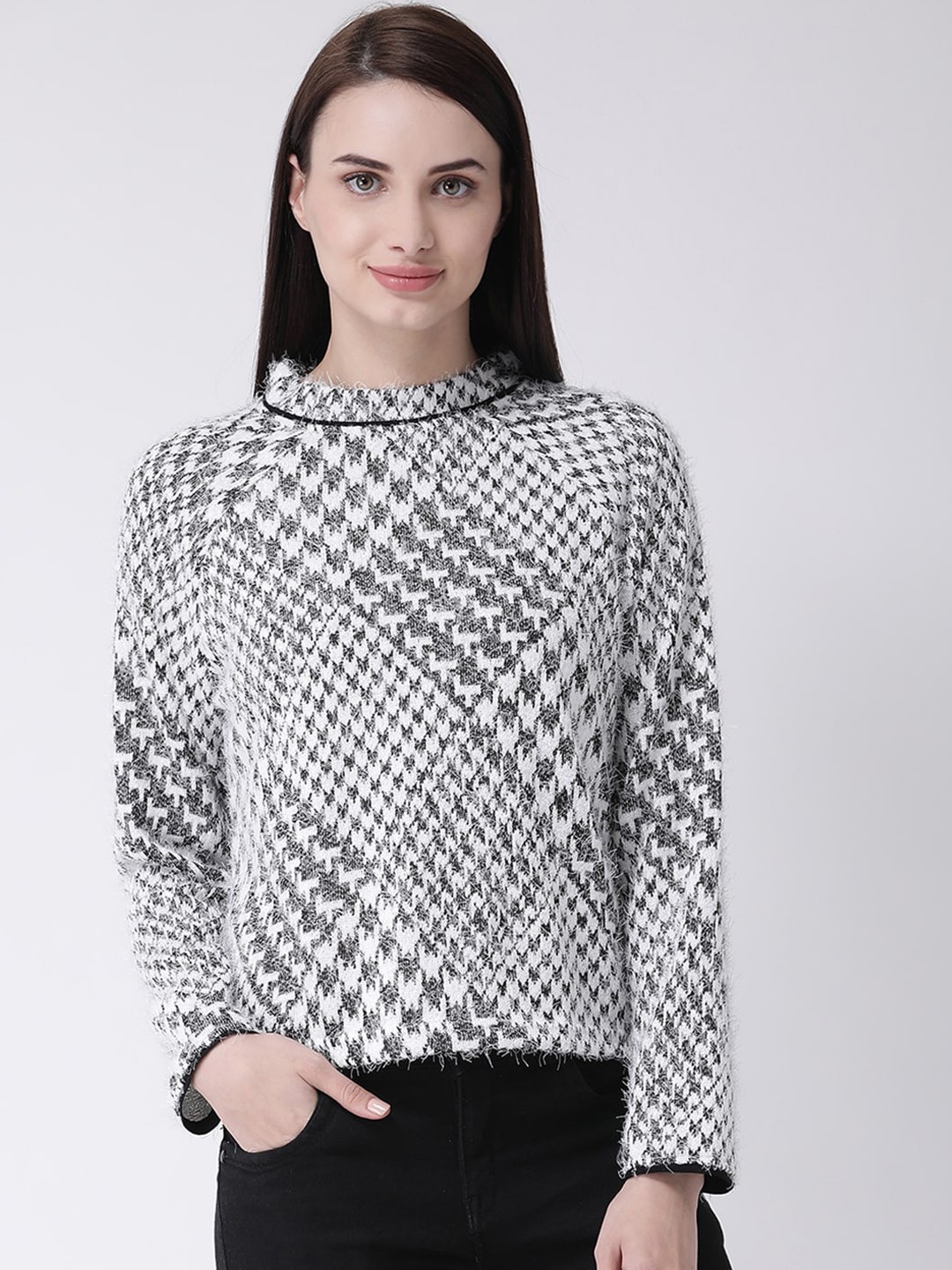 

Latin Quarters Women White Self Design Jacquard Knit Winter Top