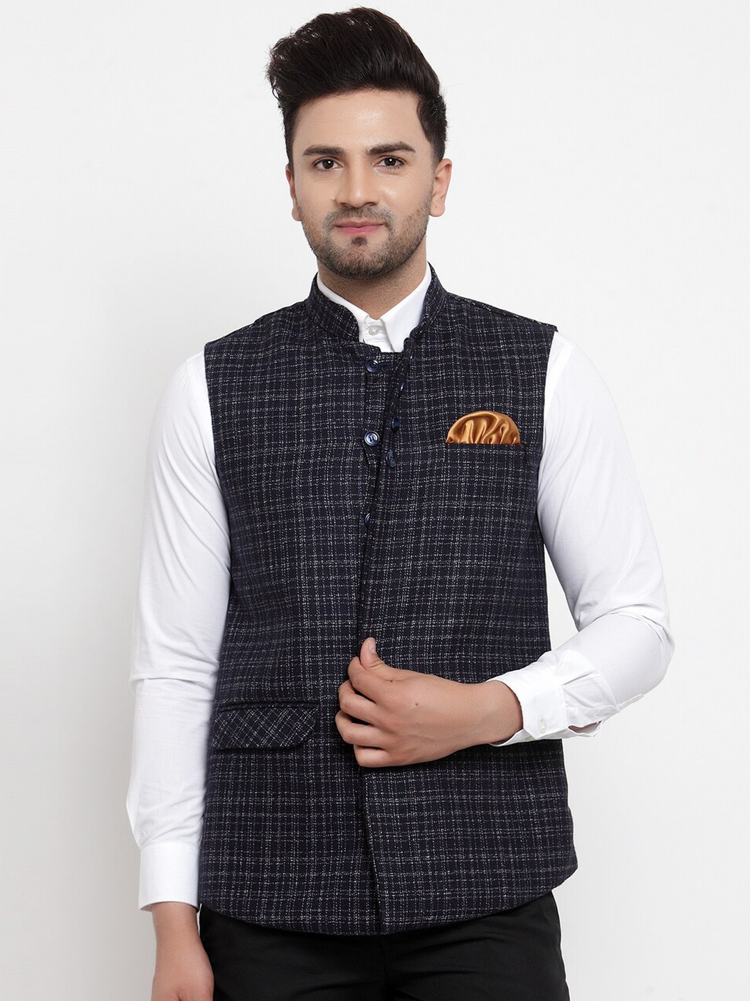 

KLOTTHE Men Blue Checked Woven Nehru Jacket