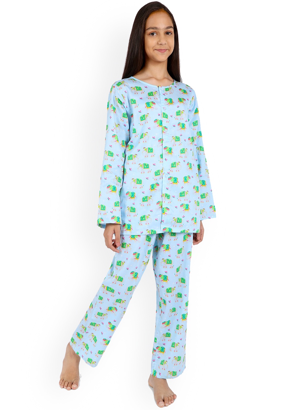 

Nigh Nigh Girls Blue & Green Printed Sustainable Night Suit