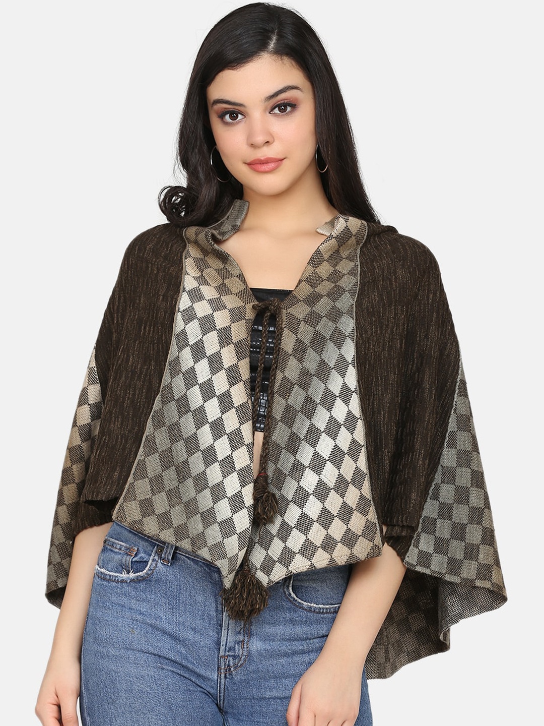 

Saanjh Women Brown & Gold-Coloured Self Design Poncho