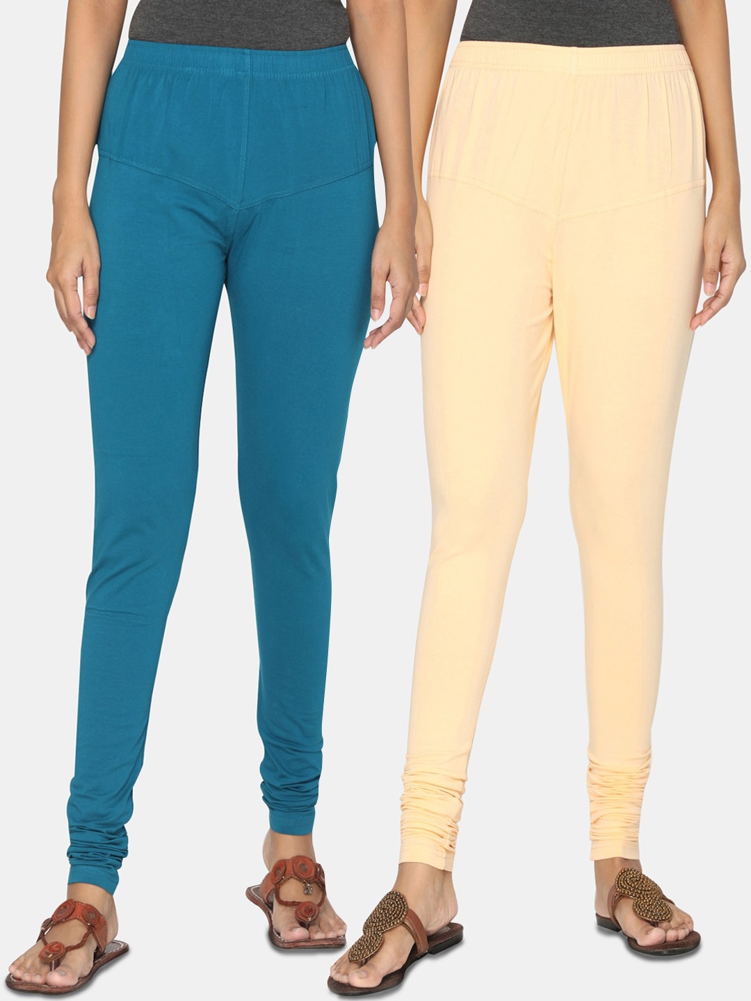 

TSG Bliss Women Pack of 2 Solid Churidar Leggings, Teal