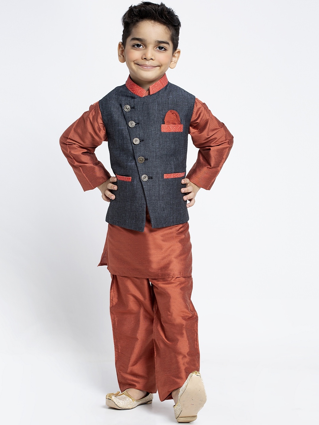 

MAXENCE Boys Rust Brown & Grey Solid Kurta with Pyjamas & Jacket
