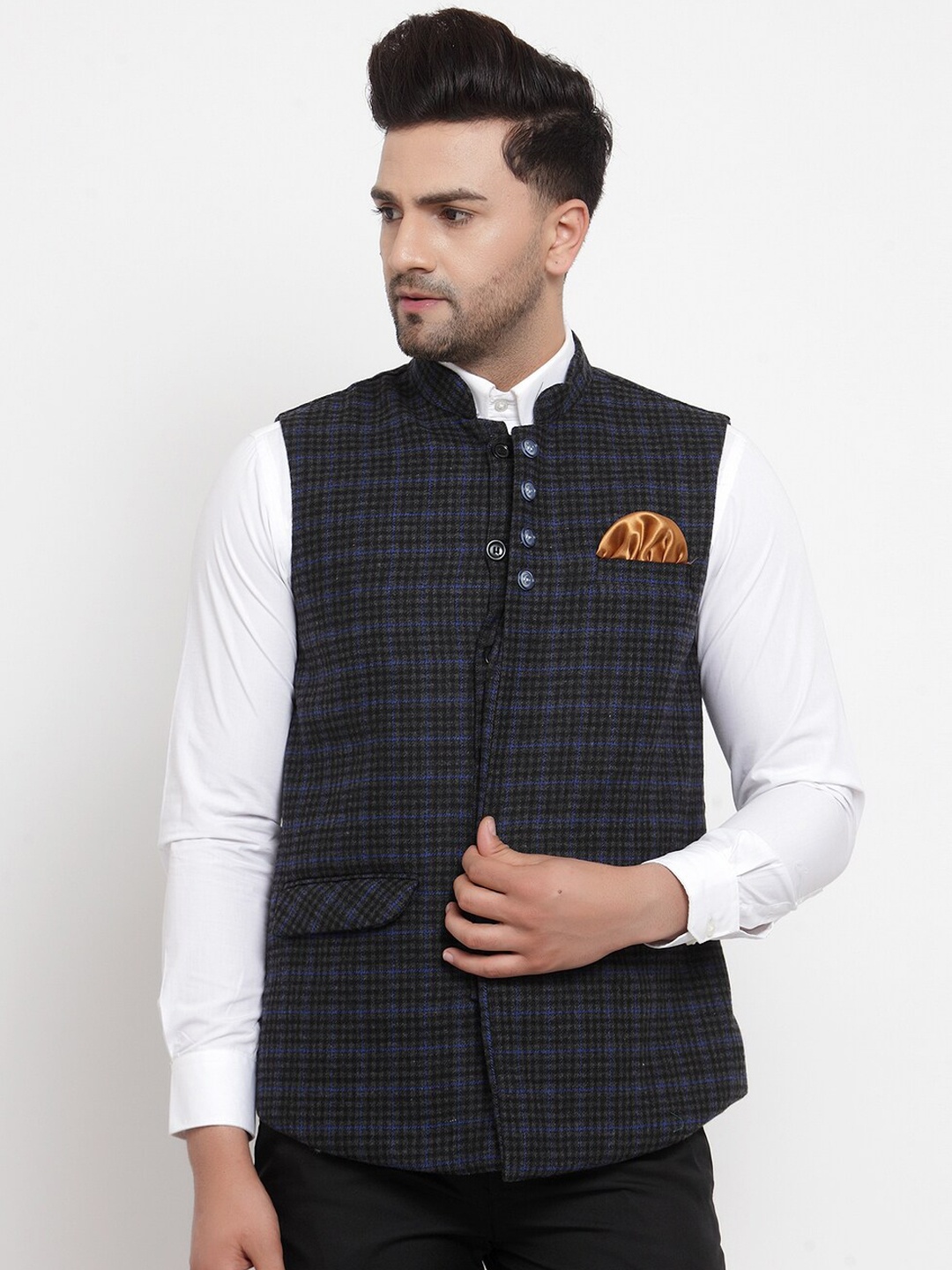 

KLOTTHE Men Black Checked Woven Nehru Jacket