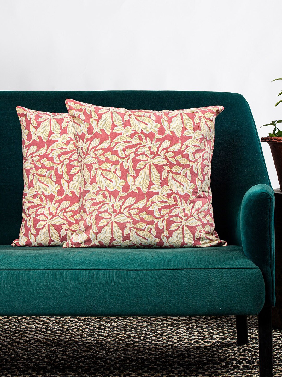 

Contrast Living Set Of 2 Pink & Beige Floral Printed Square Cushion Covers