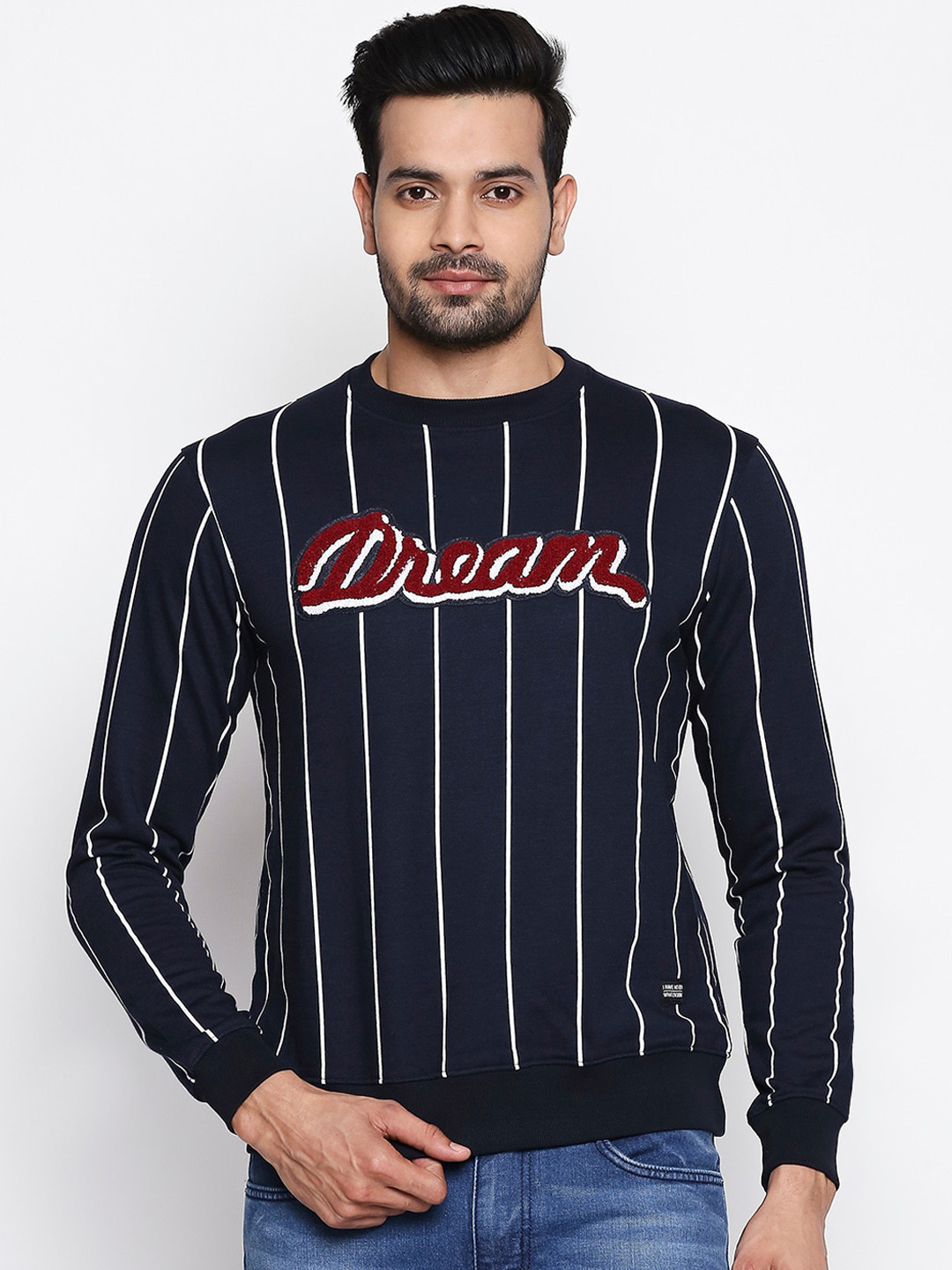 

People Men Navy Blue & White Striped Sweatshirt