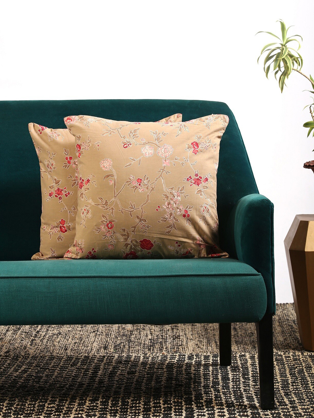 

Contrast Living Set Of 2 Brown & Red Floral Printed Square Cushion Covers