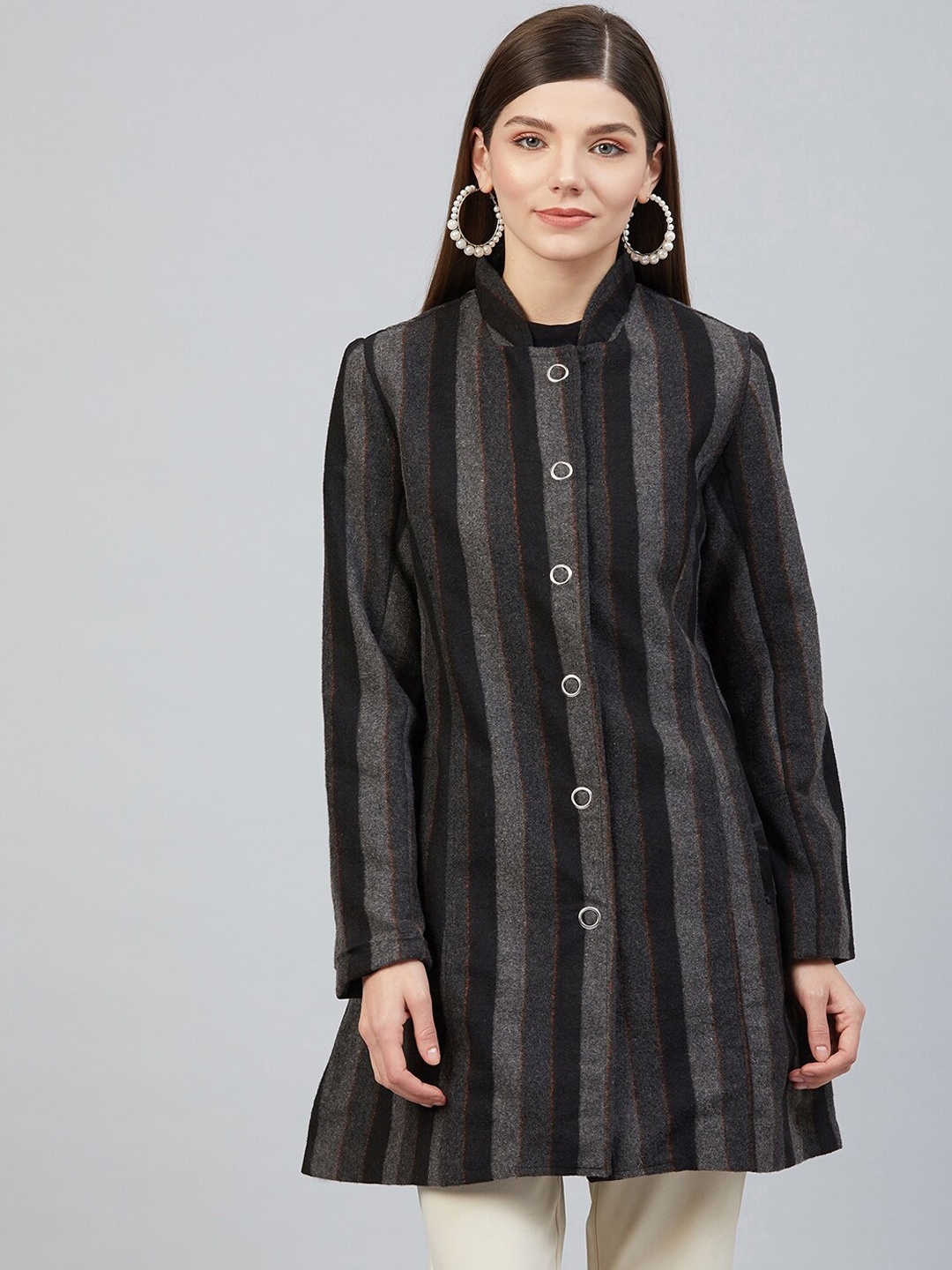 Marie Claire Women Grey & Black Striped Longline Woolen Overcoat
