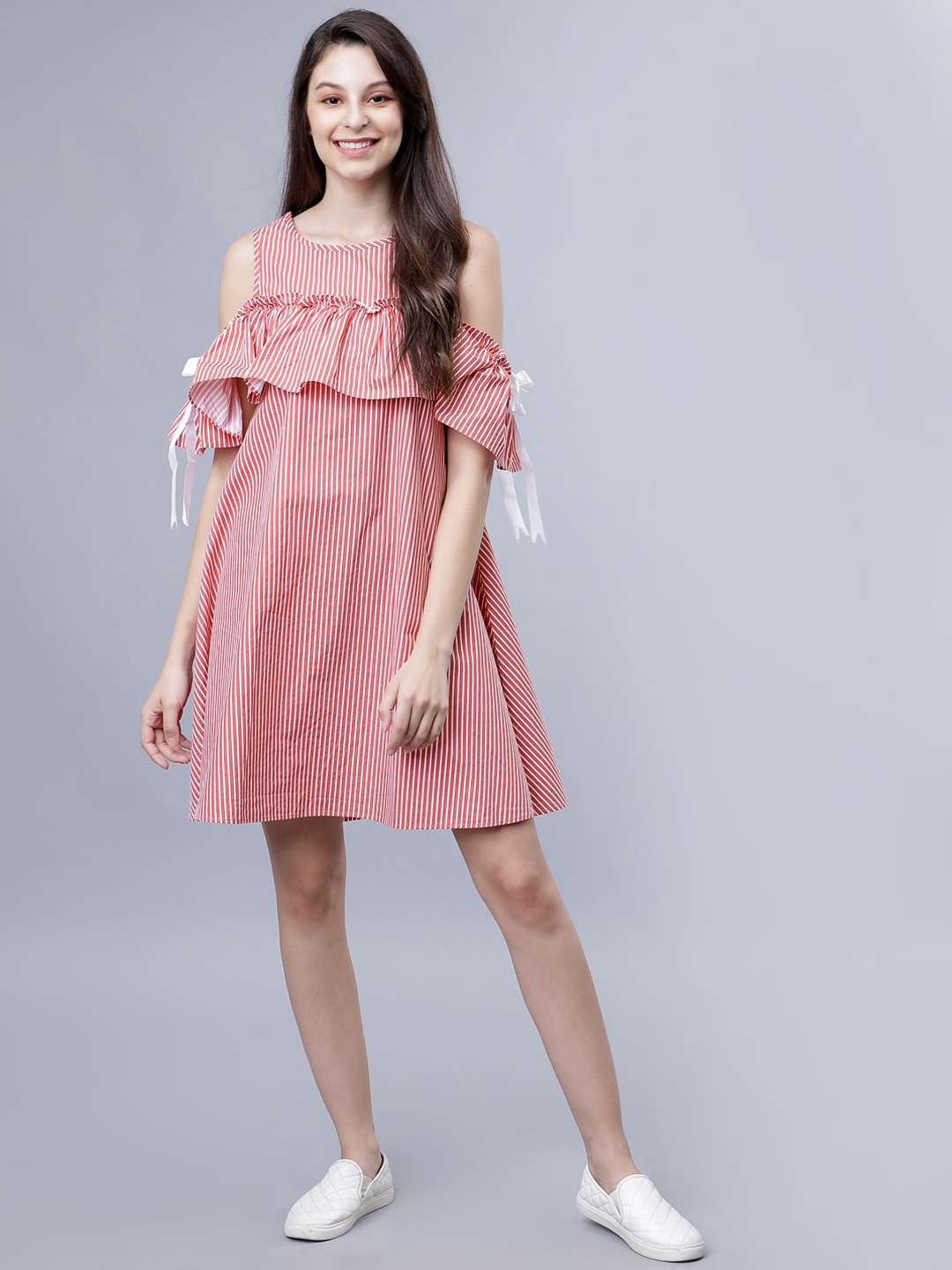 

Tokyo Talkies Women Coral Striped A-Line Dress