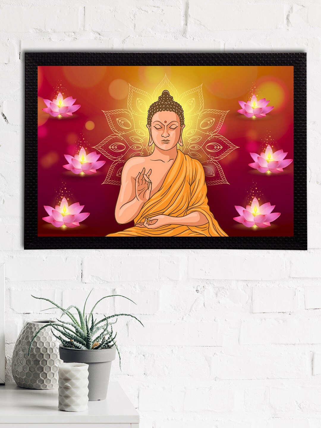 

eCraftIndia Mustard-Yellow & Pink Meditating Lord Buddha Satin Matt Textured UV Wall Art