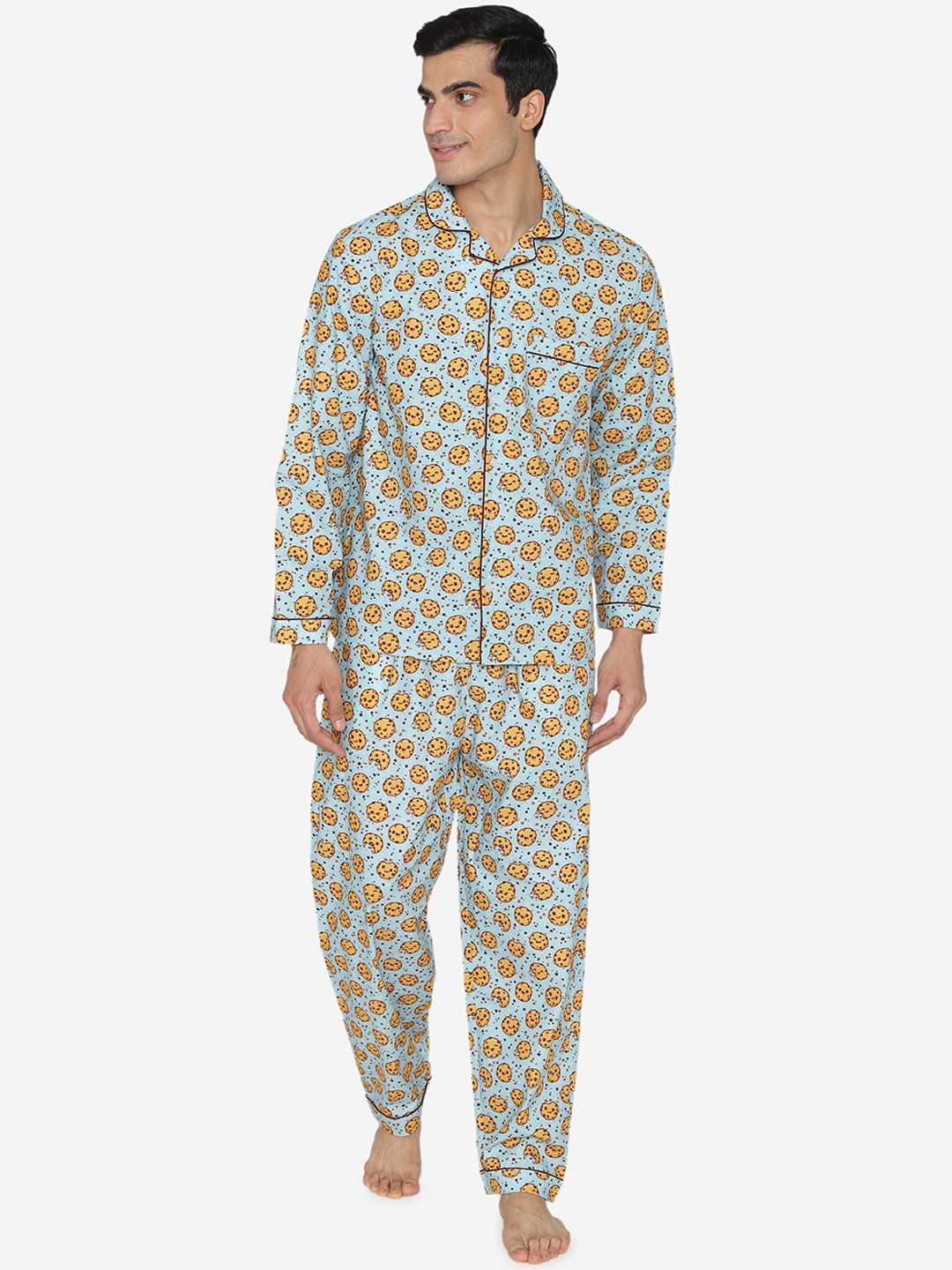 

Fluffalump Men Blue & Orange Printed Night suit