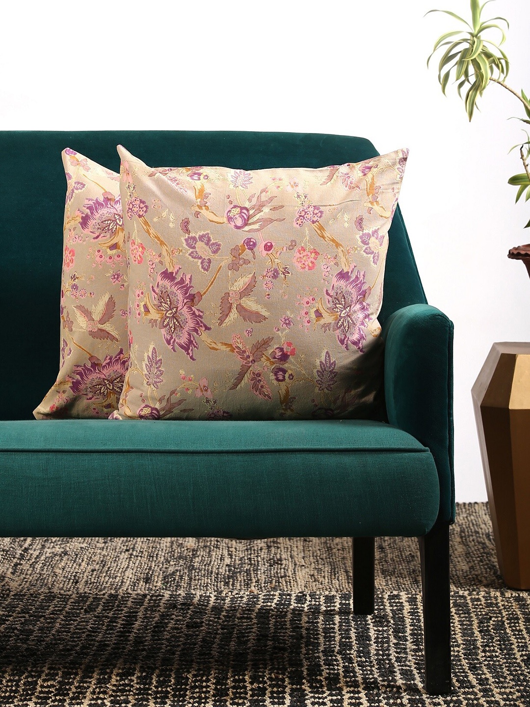 

Contrast Living Set Of 2 Beige & Purple Floral Printed Square Cushion Covers