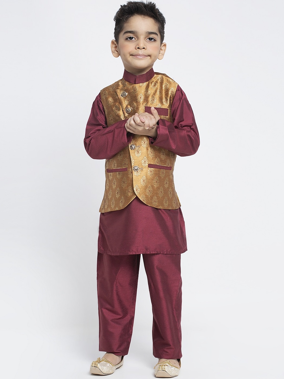 

MAXENCE Boys Gold-Toned & Maroon Solid Kurta with Pyjamas & Nehru Jacket