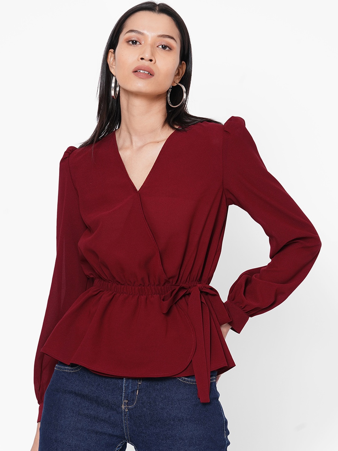 

MISH Women Maroon Solid Cinched Waist Top