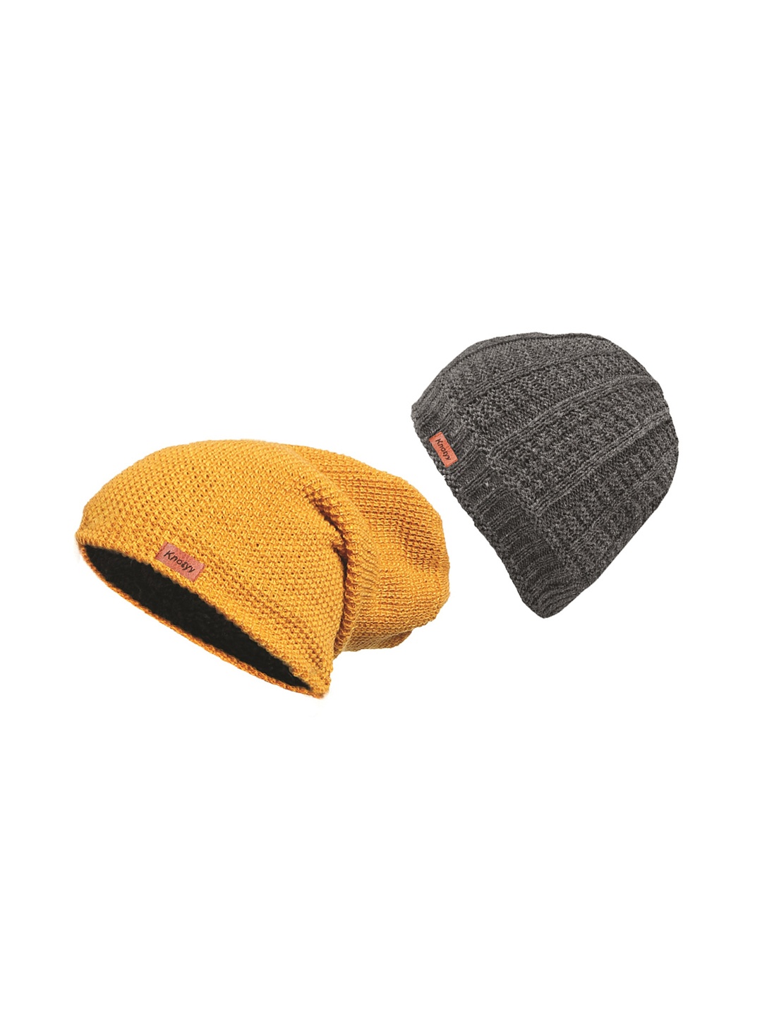 

Knotyy Unisex Pack of 2 Self Design Woollen Beanies, Yellow