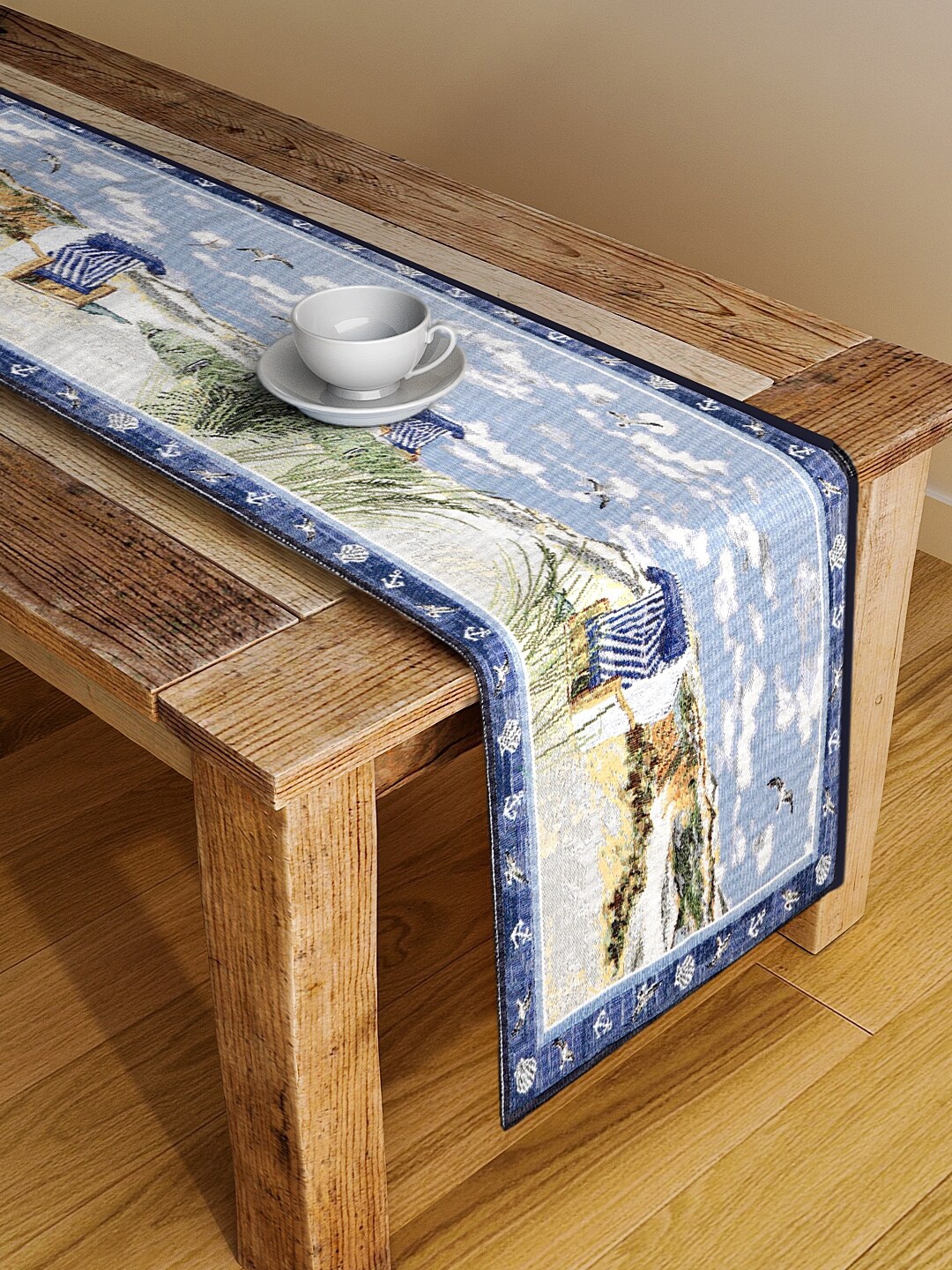 

KLOTTHE White & Blue Woven Design Table Runner