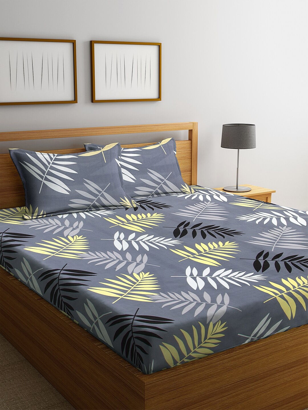 KLOTTHE Grey & Yellow Printed 300 TC Cotton Double King Bedsheet With 2 Pillow Covers
