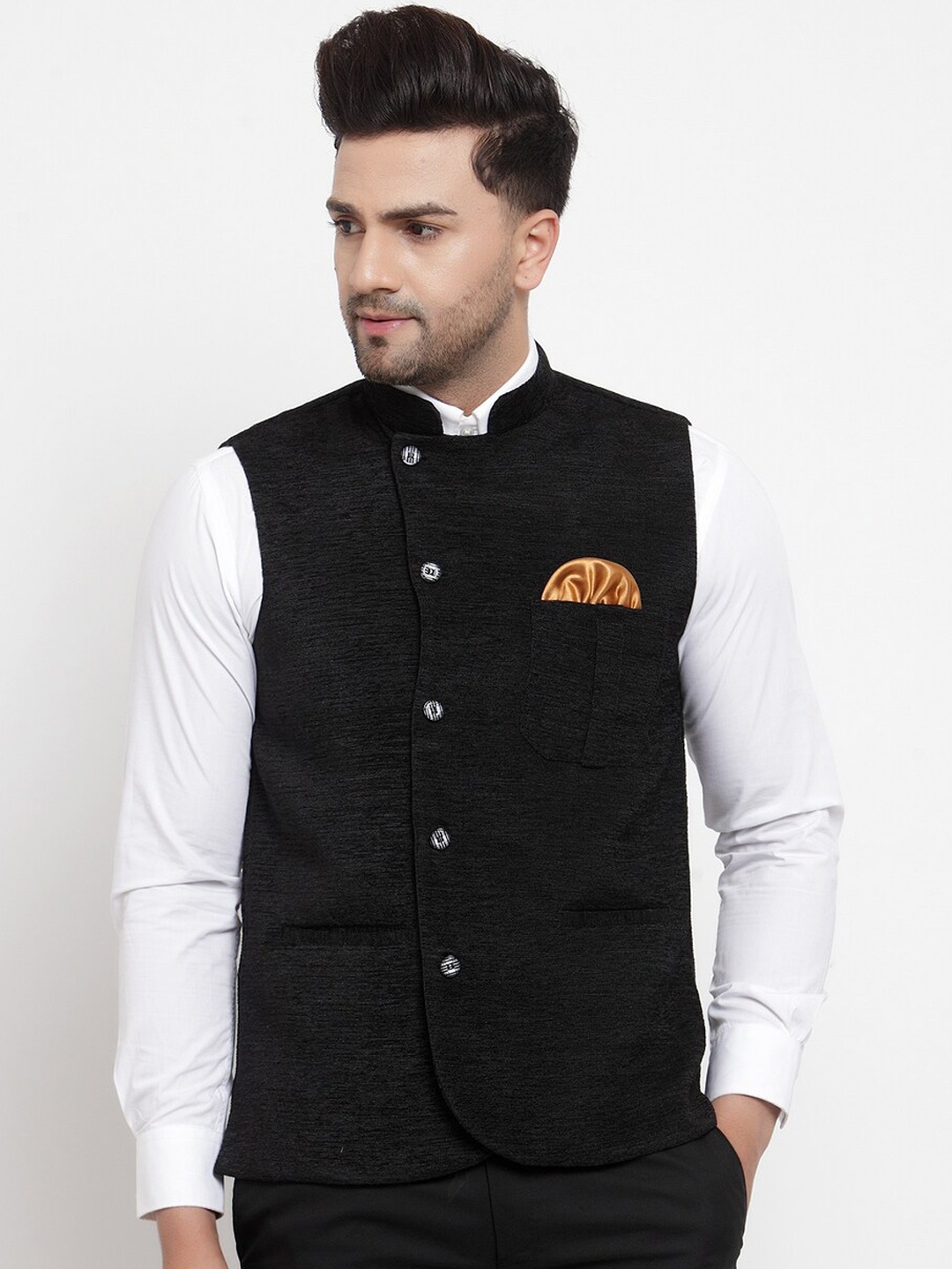 KLOTTHE Men Black Solid Woven Nehru Jacket