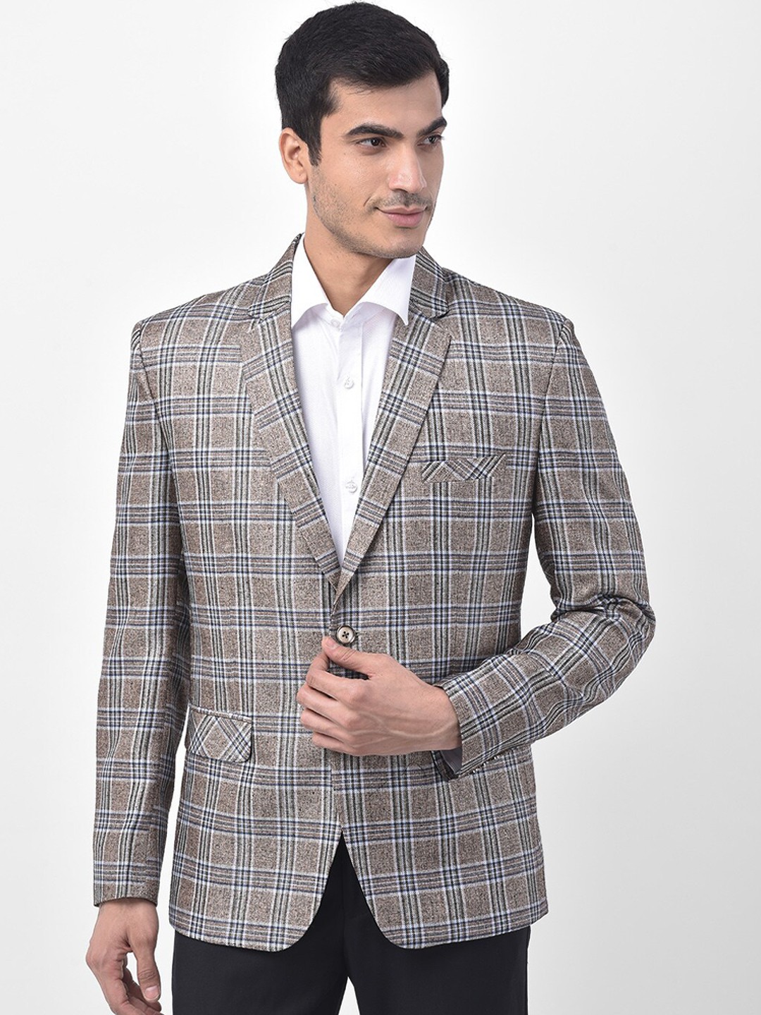 

LUXURAZI Men Beige & Black Checked Single-Breasted Tailored Fit Blazer